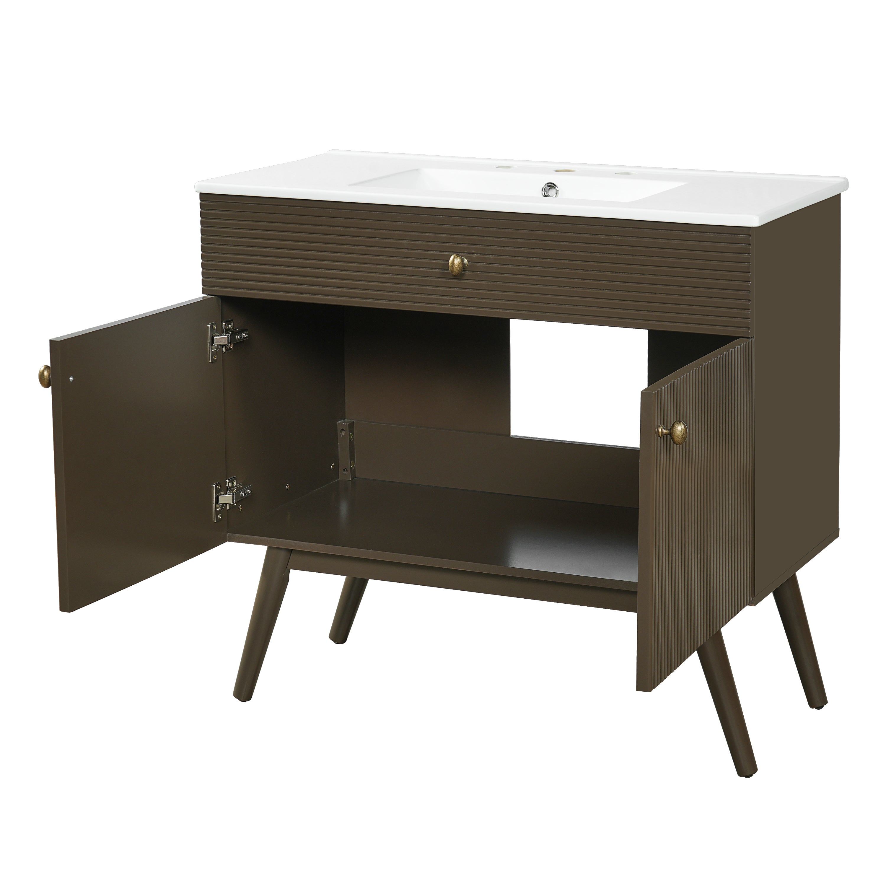 36" Luxury Striped Dark Brown Vanity: Soft-Close Dual-Door Storage & Premium Ceramic Sink