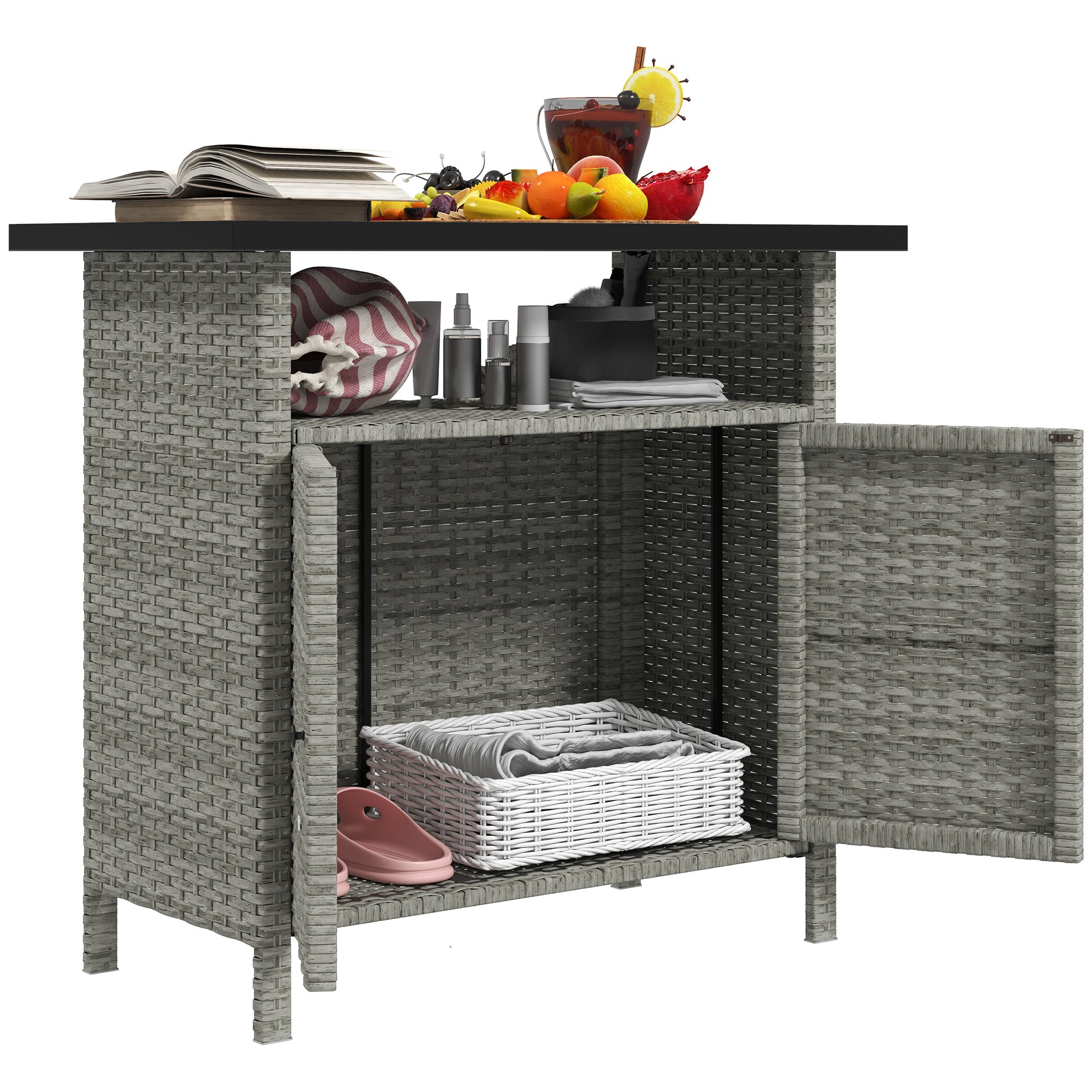 Outsunny Wicker Outdoor Storage Cabinet with Two Doors and Shelf for Outdoor Pool Towel Storage, Gray
