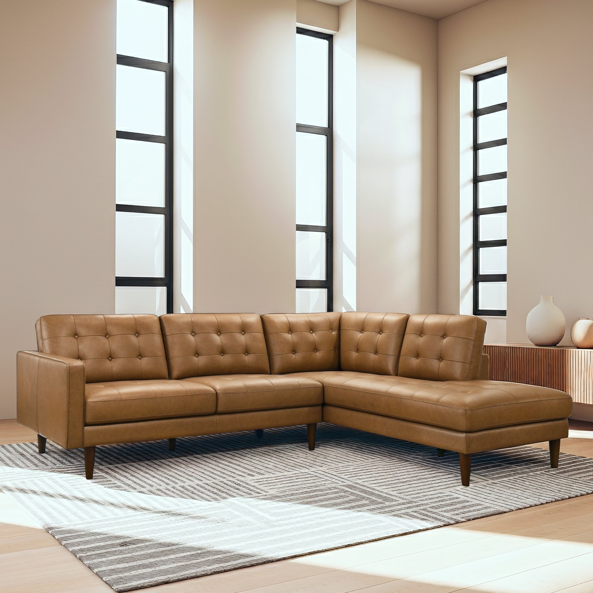 Lucco Genuine Tan Leather Right-Facing Sectional Sofa