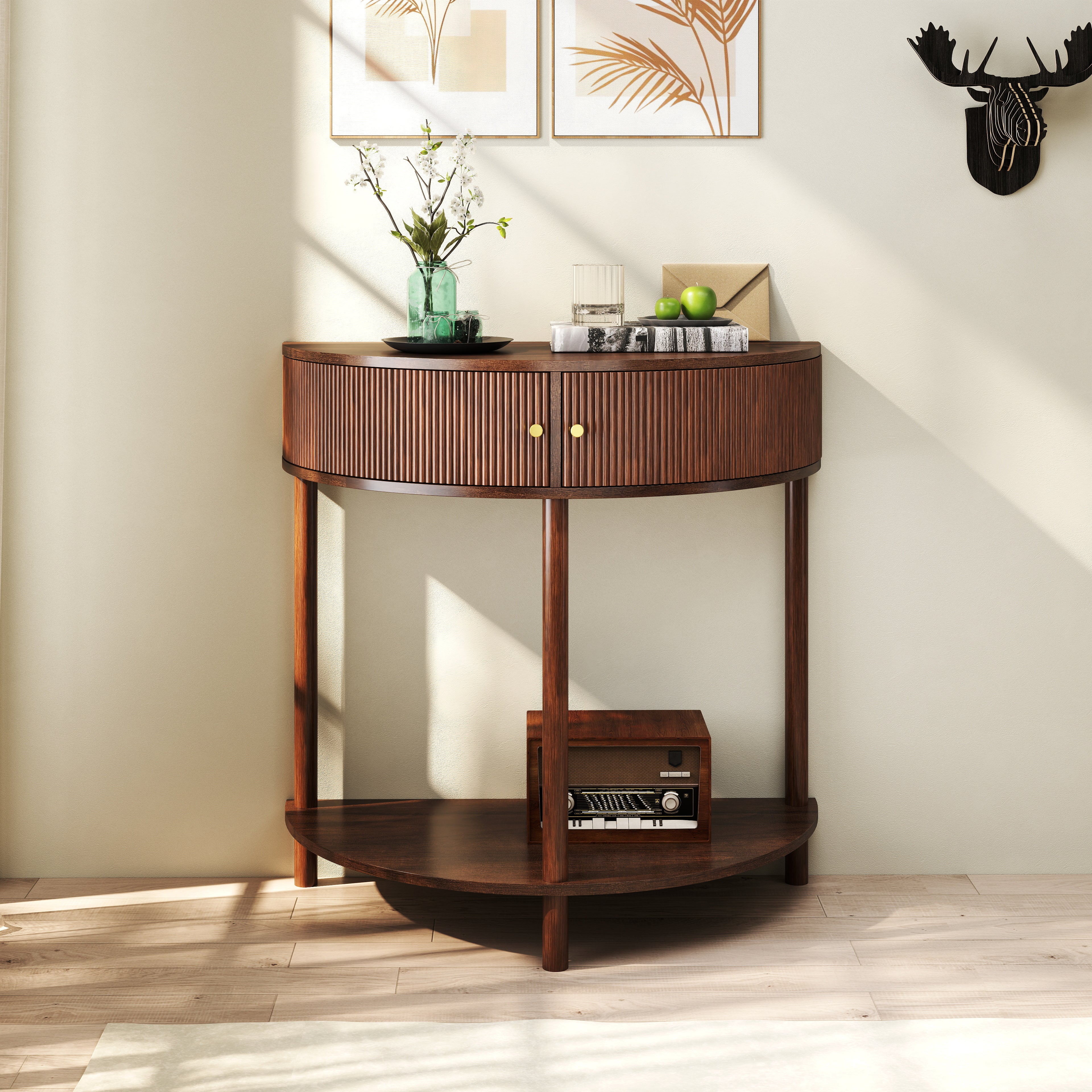 Artisan-Crafted Wave-Pattern Demi-Lune Console Table with Brown Woodgrain,Unique Half Moon Design End Table with 2 Storage Drawers and Bottom Shelf for Living room, Bedroom, Study, Hallway