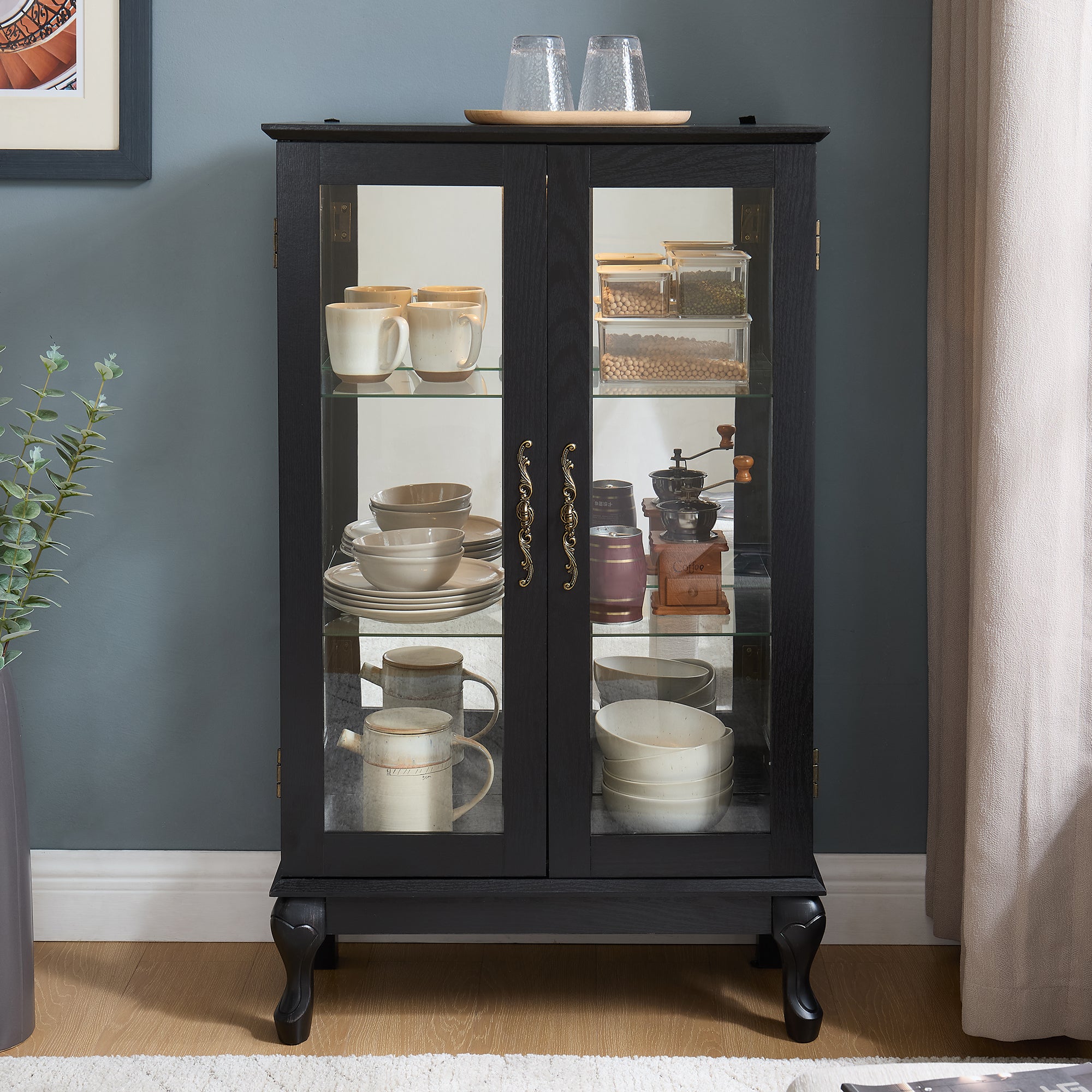 Curio Cabinet with Tempered Glass Doors, Lighted Display Cabinet with Mirrored Back Panel & Adjustable Shelves Perfect for Home or Office (Light Bulb Included)- Black