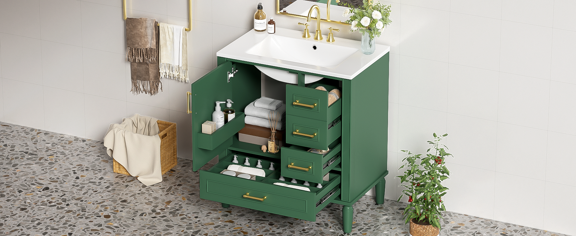 Traditional 30" Green Bathroom Vanity Set, Floor Standing, with Three Drawers, Soft Close Doors, with Long Gold Metal Handles - Perfect for Small Bathrooms