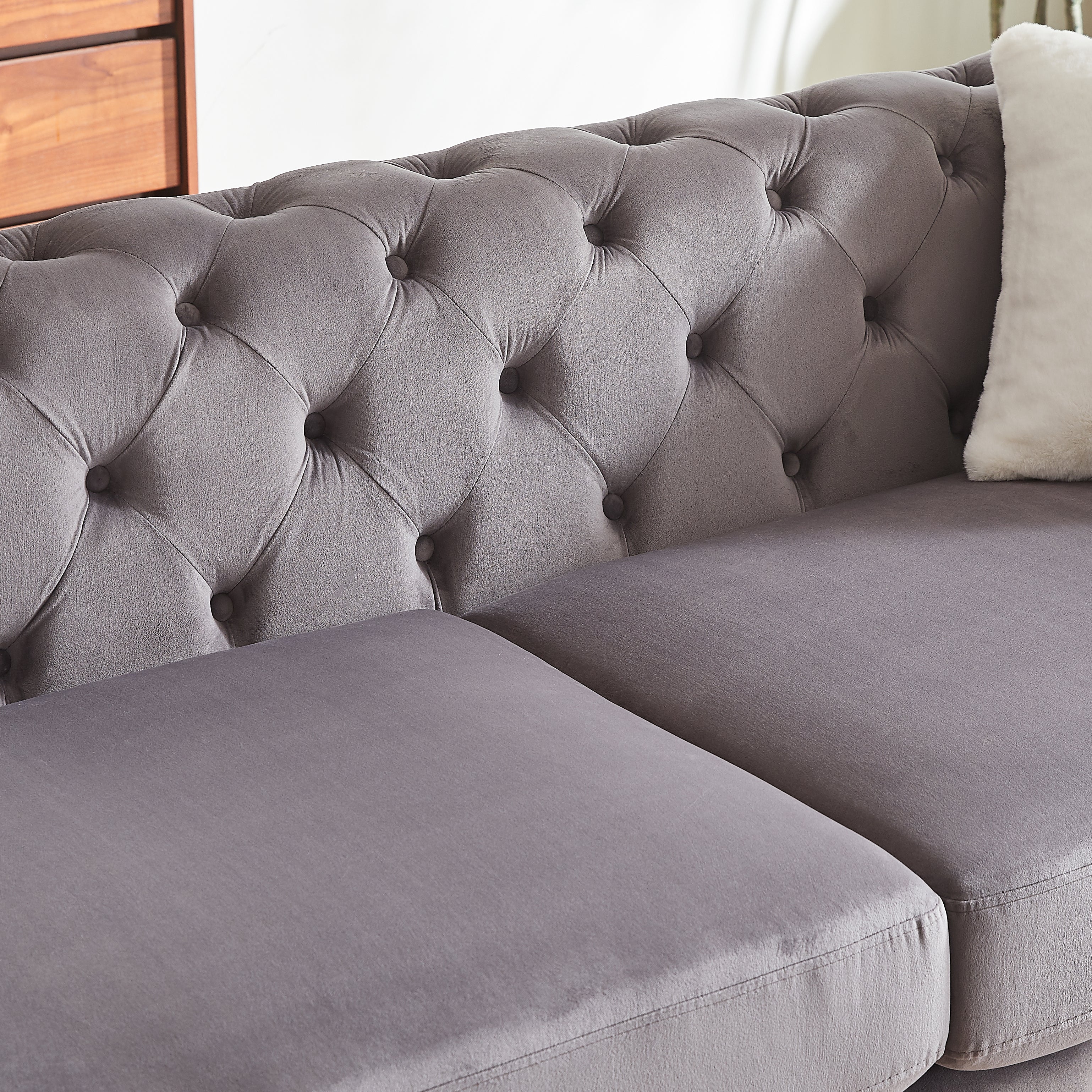 FX 61.25-inch Deluxe Velvet Sofa with Chesterfield Tufted Buttons with 2 Pillows and Metal Feet