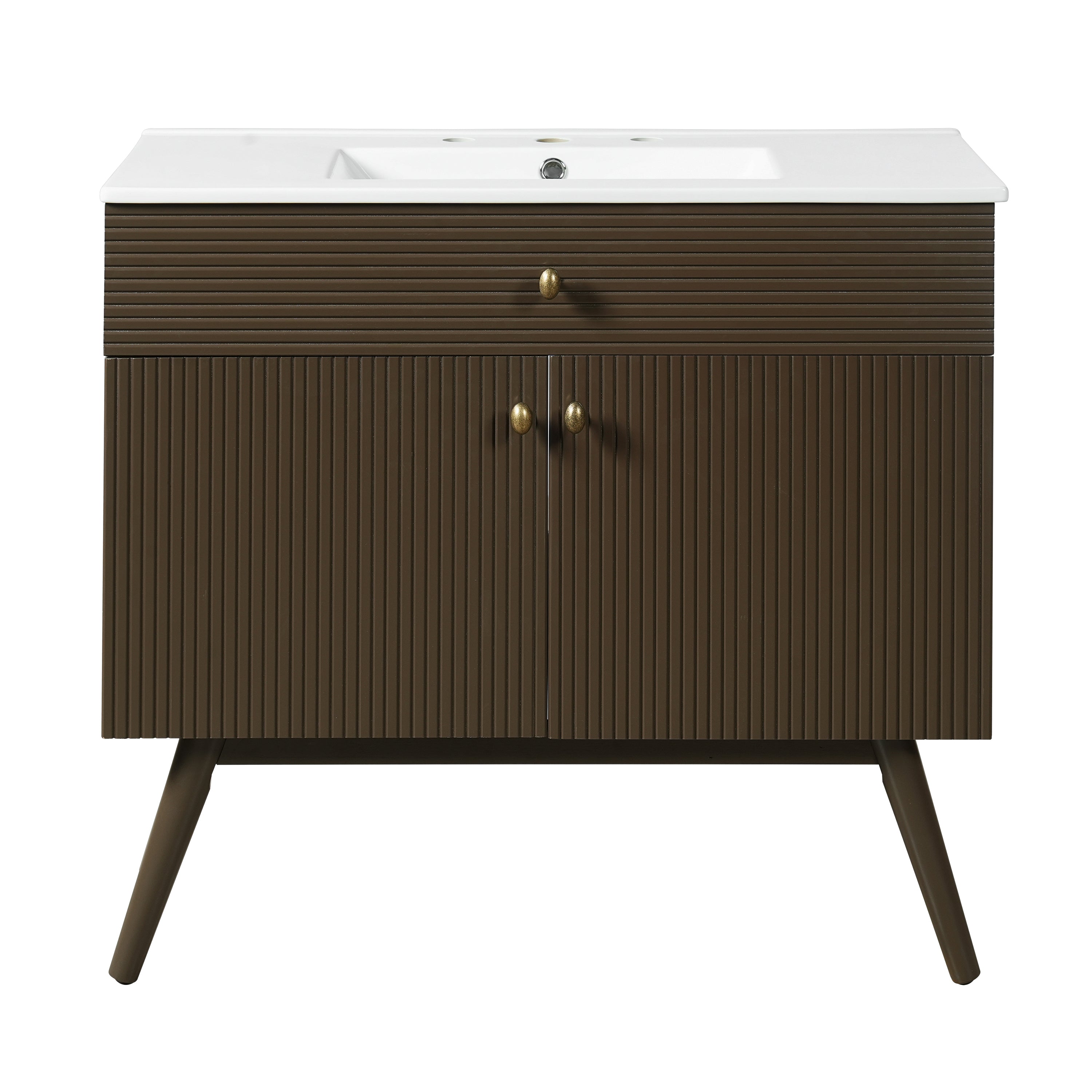 36" Luxury Striped Dark Brown Vanity: Soft-Close Dual-Door Storage & Premium Ceramic Sink