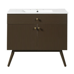 36" Luxury Striped Dark Brown Vanity: Soft-Close Dual-Door Storage & Premium Ceramic Sink