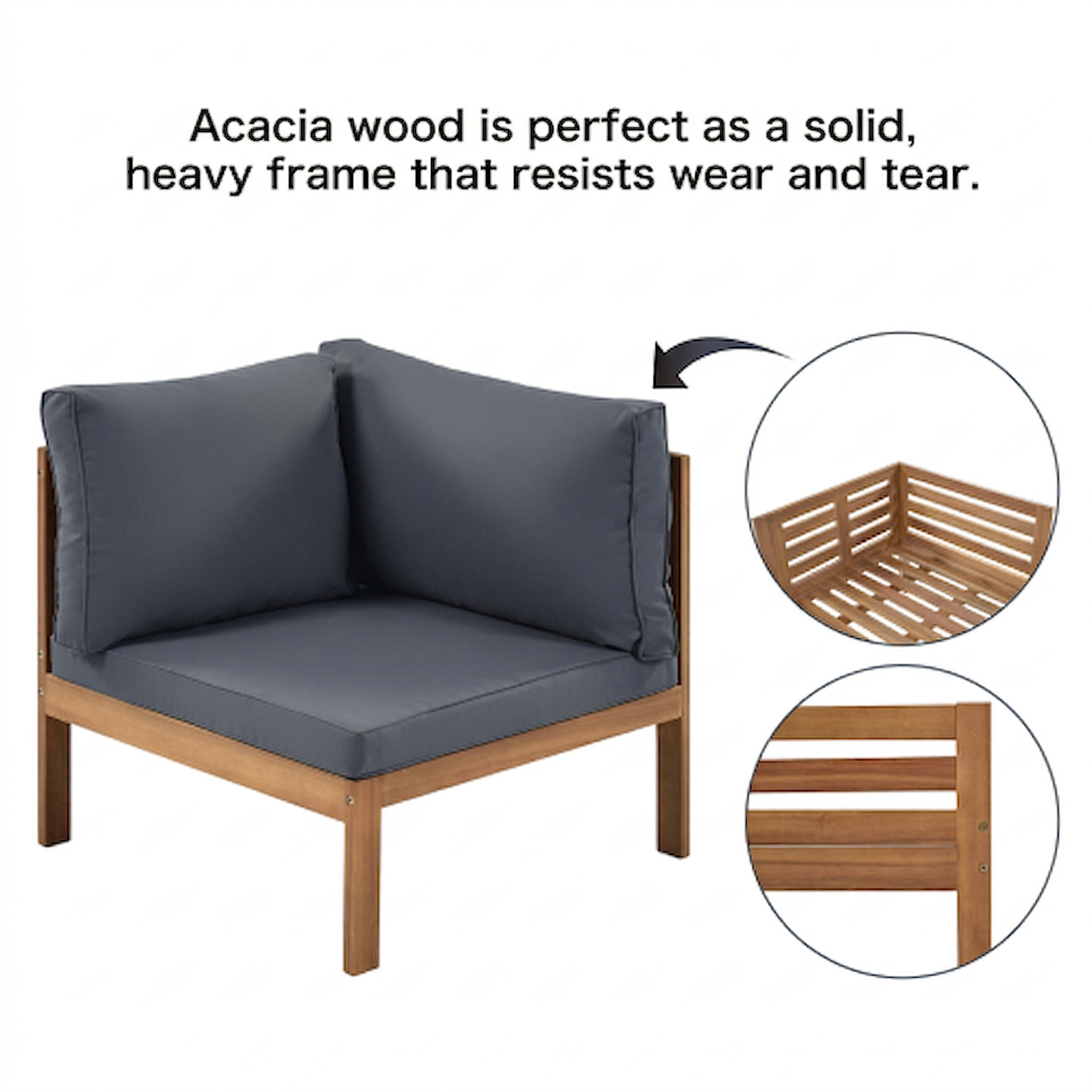 Wood Structure Outdoor Sofa Set with gray Cushions Exotic design Water-resistant and UV Protected texture High quality acacia wood Strong Metal Accessorie