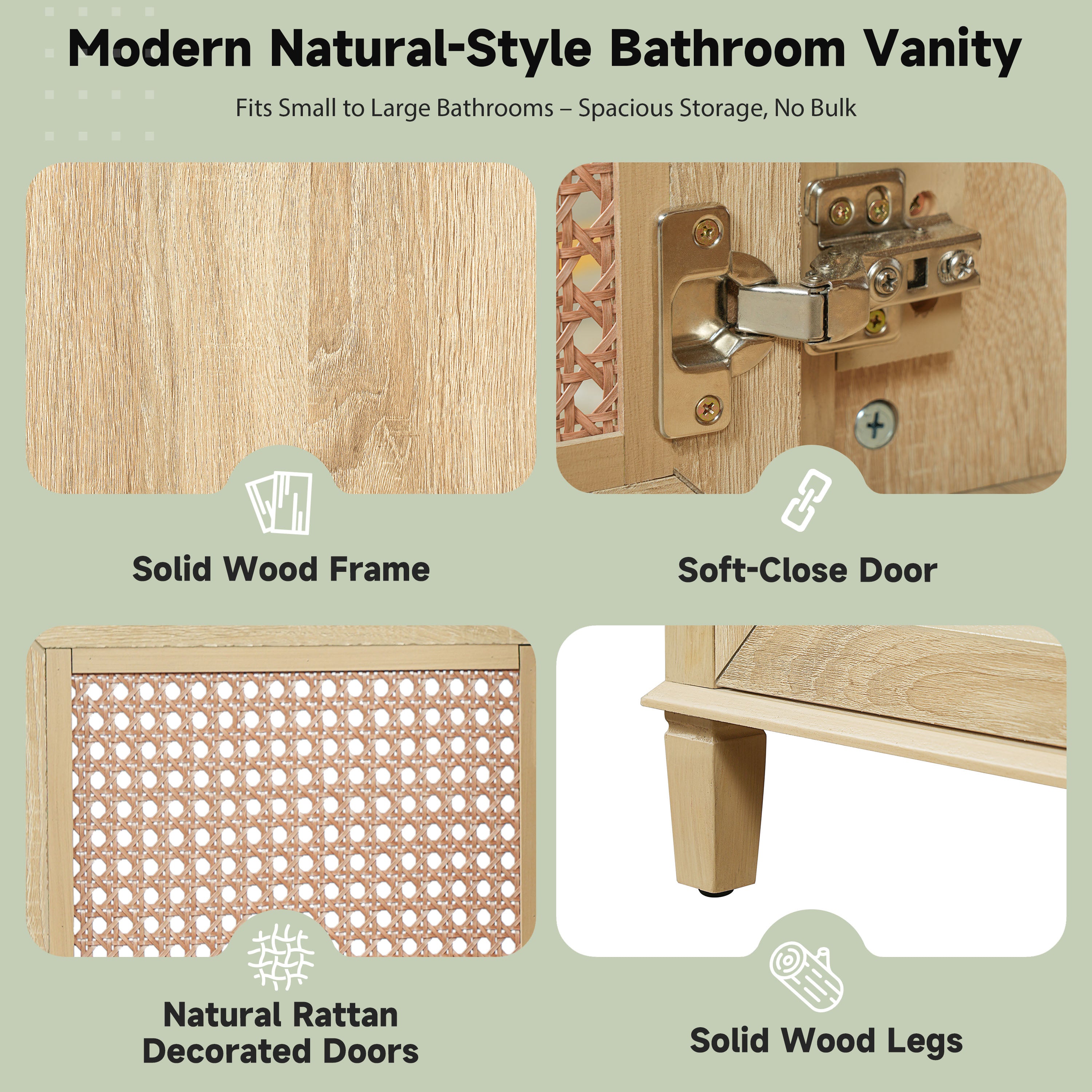 48-Inch Natural Rattan Bathroom Vanity: Solid Wood Frame, 5 Drawers, 2 Rattan Cabinet Doors & Premium Ceramic Sink