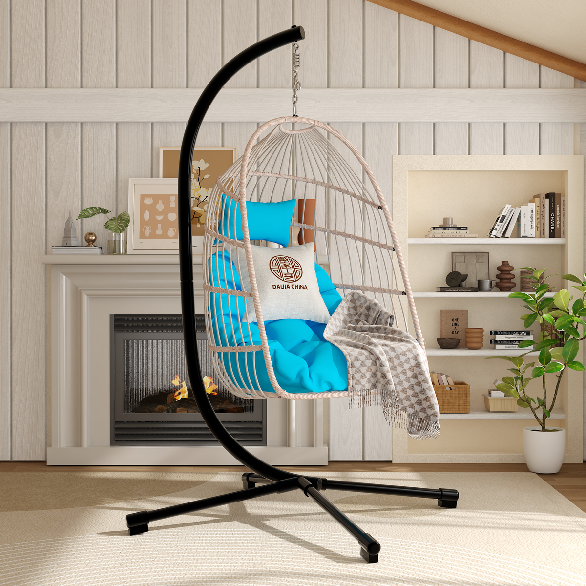 Foldable Hanging Egg Chair with Stand and Pillow, HDPE Rattan and Heavy Duty Aluminum-Steel Frame, Outdoor Patio Wicker Swing Egg Chair with Headrest and Cushioned, 350 Lbs Capacity (Blue)