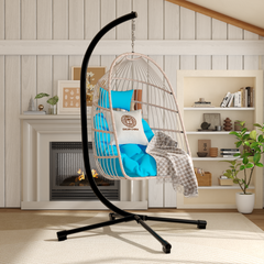 Foldable Hanging Egg Chair with Stand and Pillow, HDPE Rattan and Heavy Duty Aluminum-Steel Frame, Outdoor Patio Wicker Swing Egg Chair with Headrest and Cushioned, 350 Lbs Capacity (Blue)
