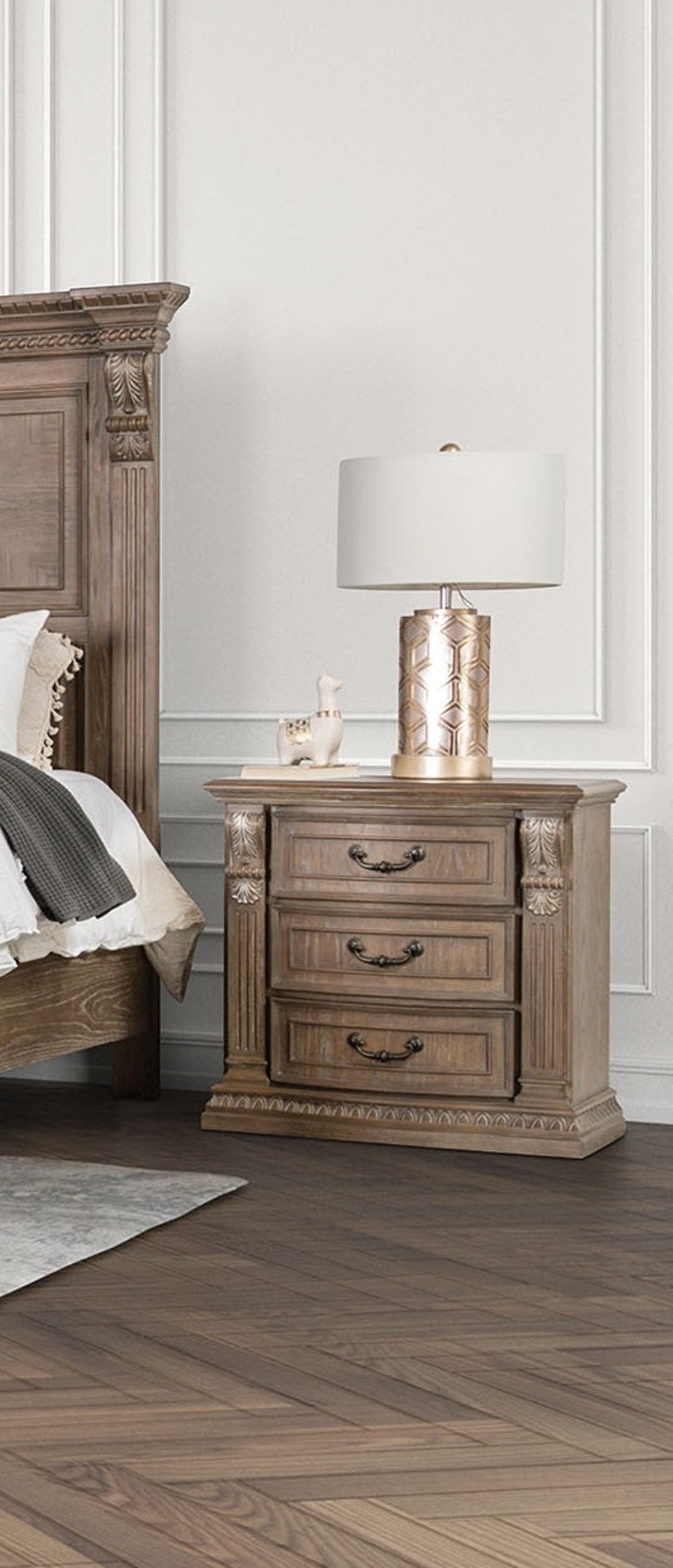 Luxurious Traditional Look 1pc Nightstand Weather Oak Finish Curved Detail Bedroom Furniture Solid wood Bedside Table
