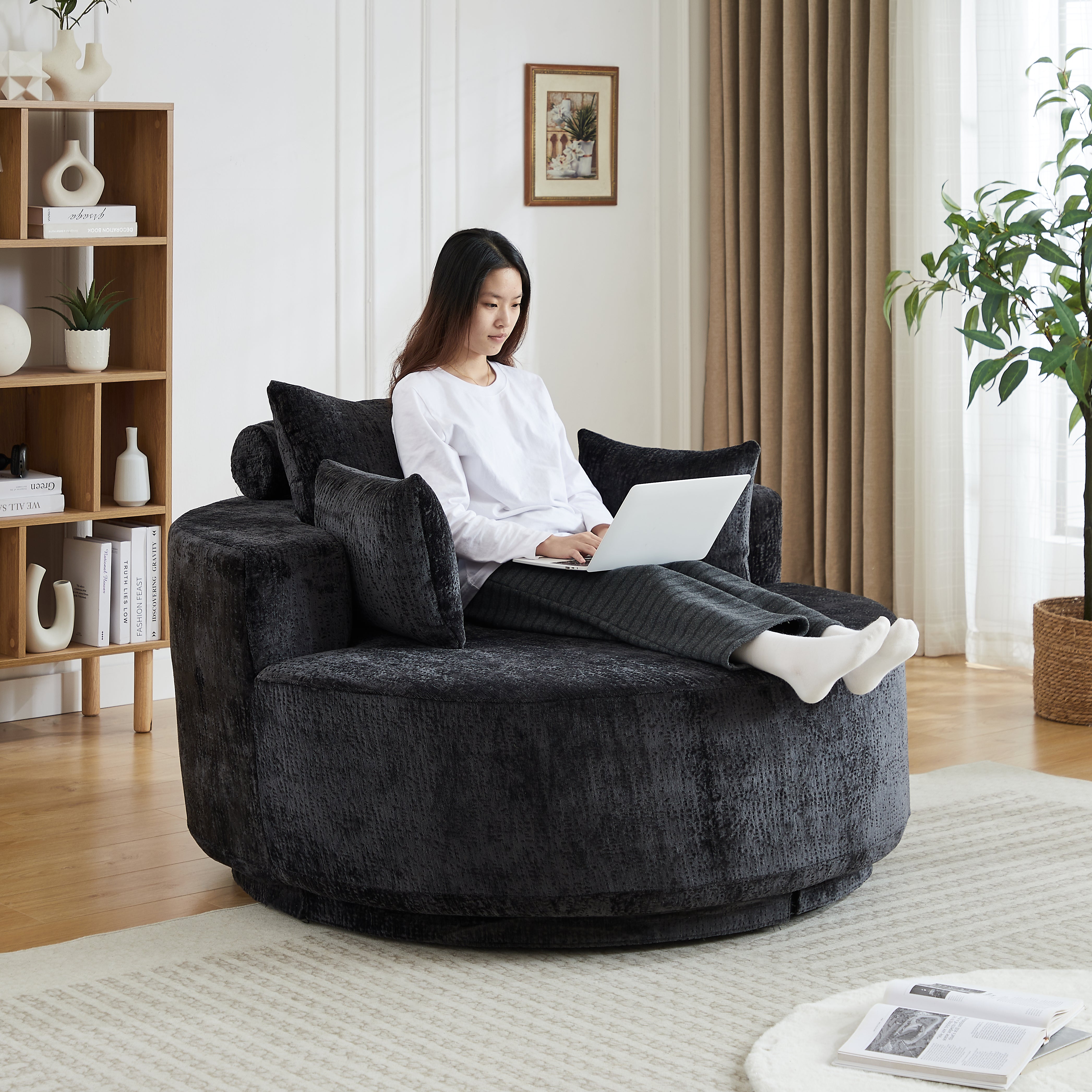 55''L Chenille Foam Single Swivel Chair, Fluffy Modern Sleeper, 360 Degree Swivel Chair for Living Room, Bedroom, Lounge and Projection Room