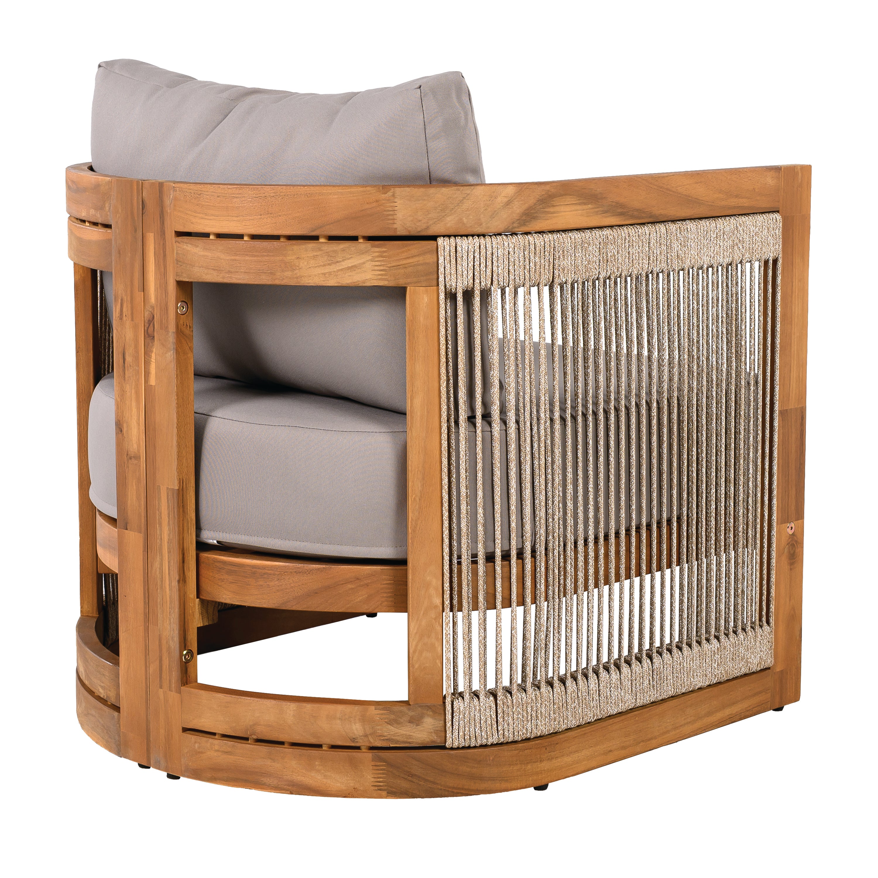 Premium Acacia Wood Outdoor Club Chair, Curved Tub Design with Woven Rope Accents, Water-Resistant Cushions, All-Weather Slat Construction