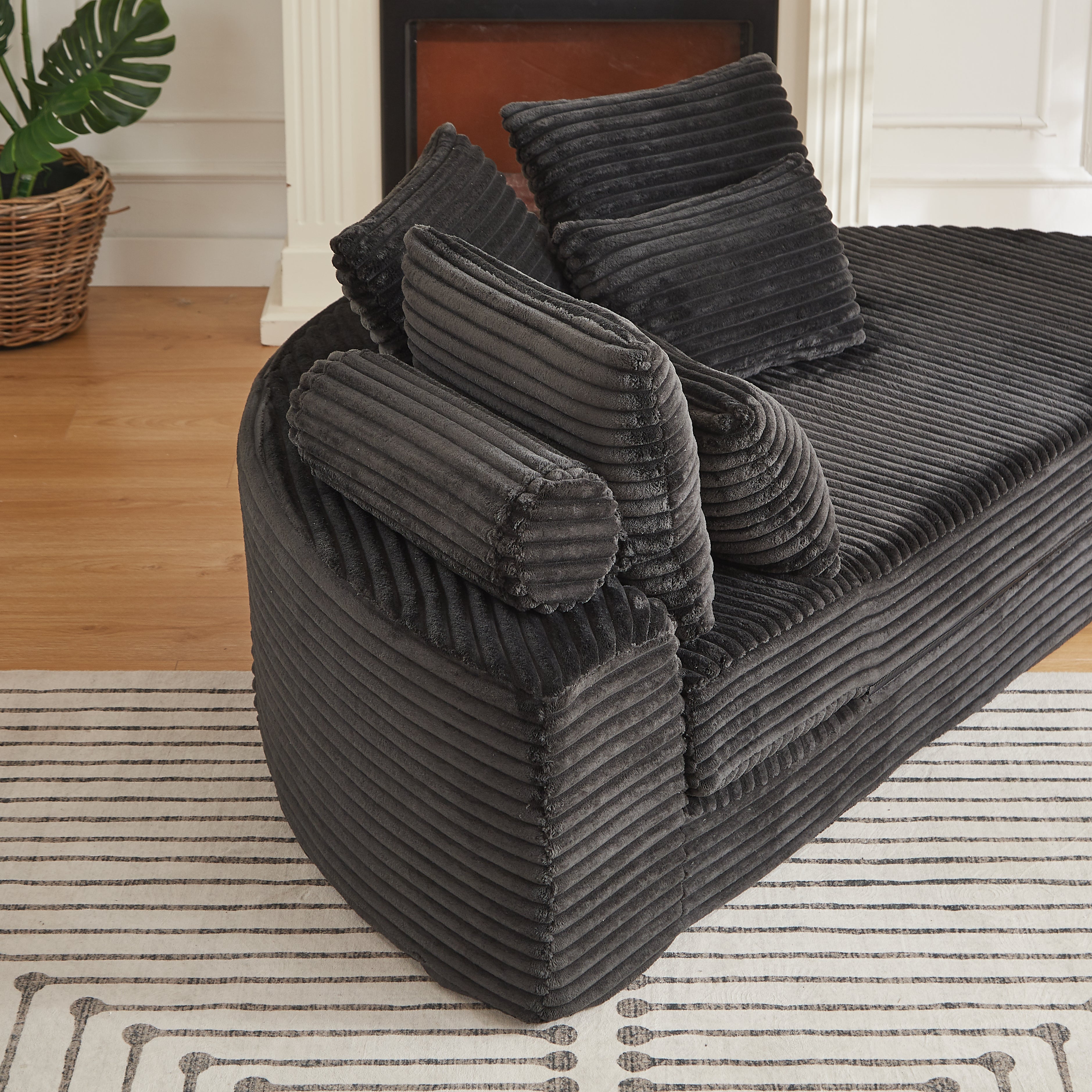 78.5-Inch Corduroy Semi-Circular 2-in-1 Sofa Bed, Designer Recliner with Neck Pillow and Five Throw Pillows in Living Room