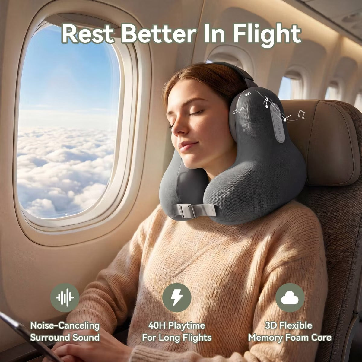 Yvnens Travel Pillow with Built-In Headphones