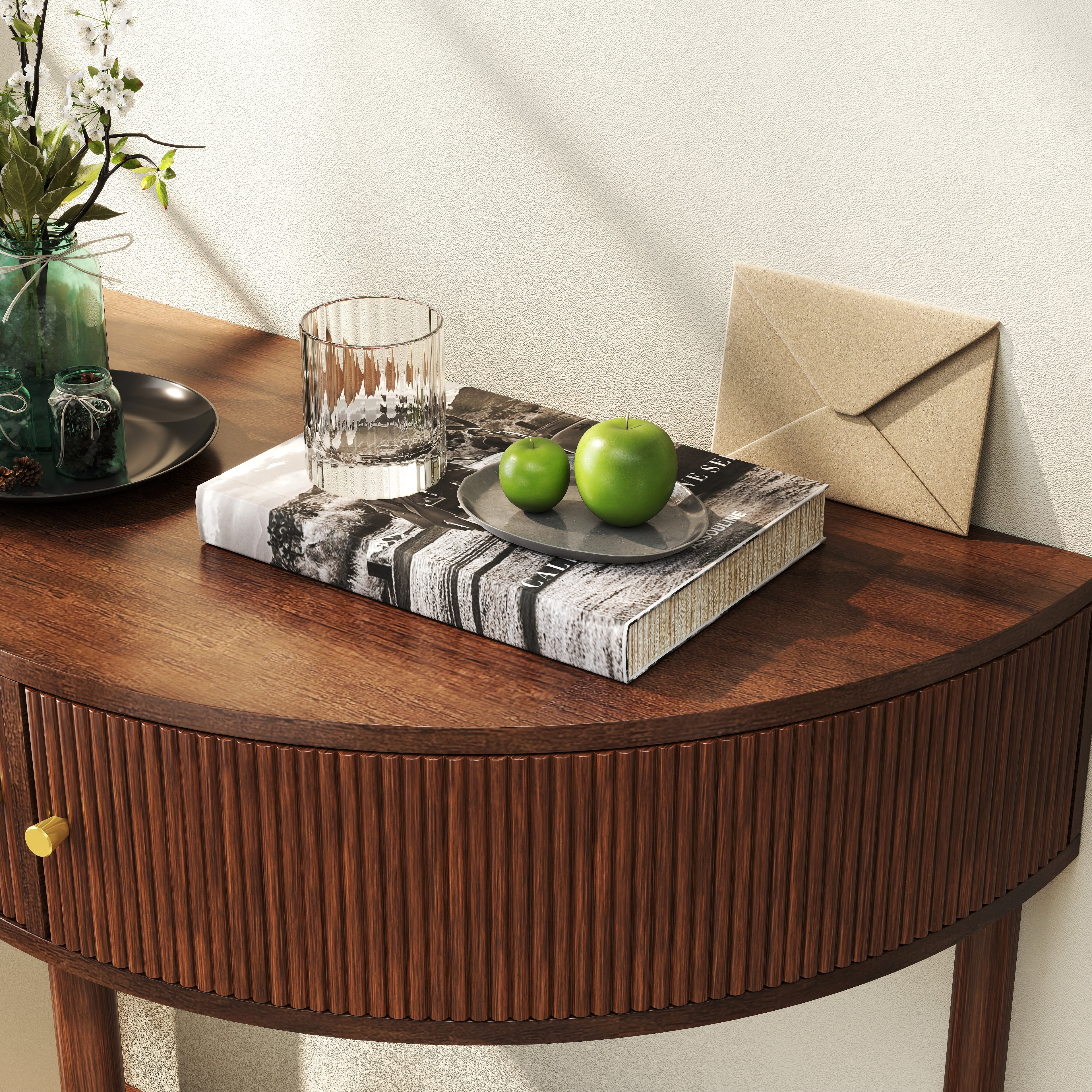 Artisan-Crafted Wave-Pattern Demi-Lune Console Table with Brown Woodgrain,Unique Half Moon Design End Table with 2 Storage Drawers and Bottom Shelf for Living room, Bedroom, Study, Hallway
