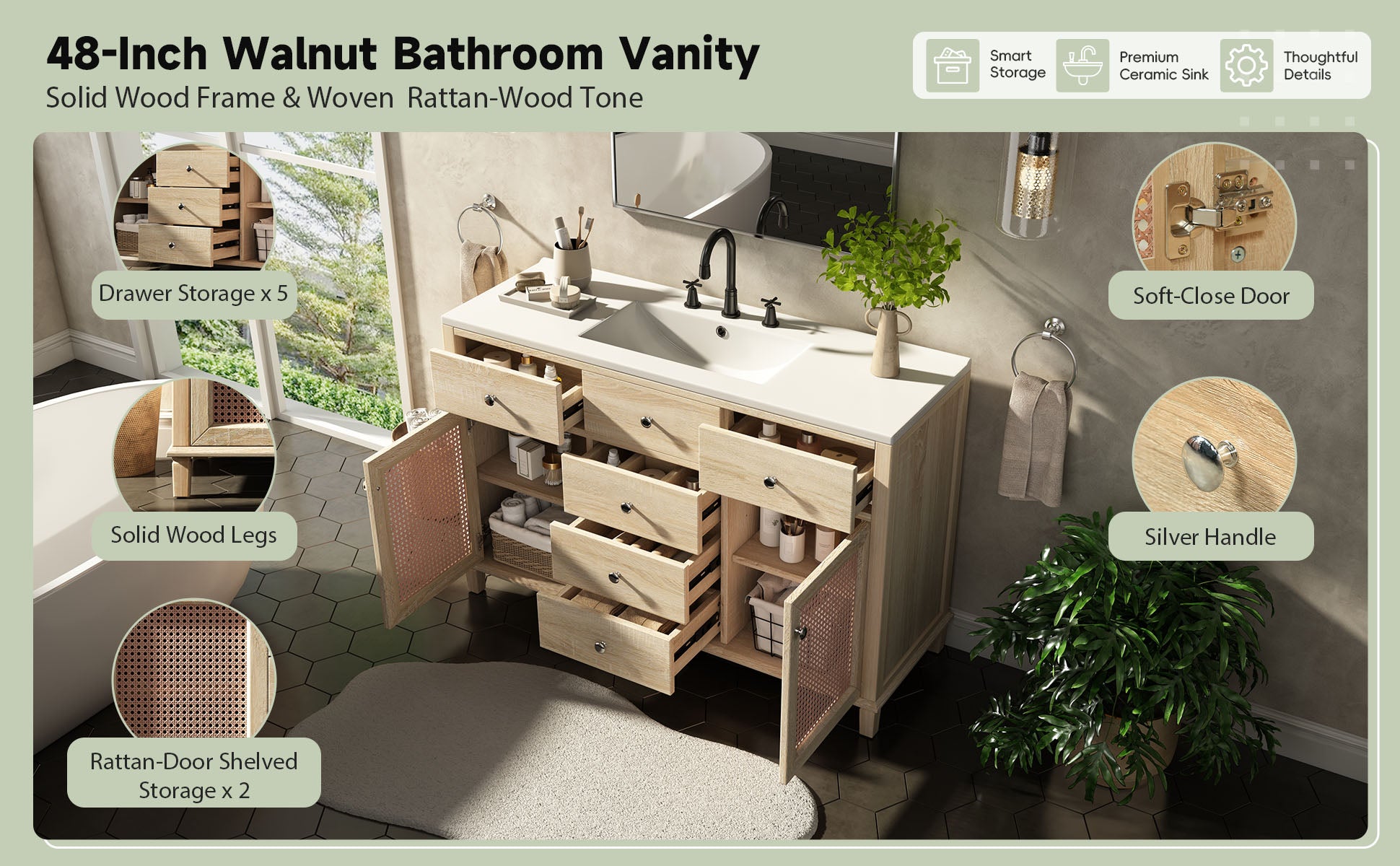 48-Inch Natural Rattan Bathroom Vanity: Solid Wood Frame, 5 Drawers, 2 Rattan Cabinet Doors & Premium Ceramic Sink