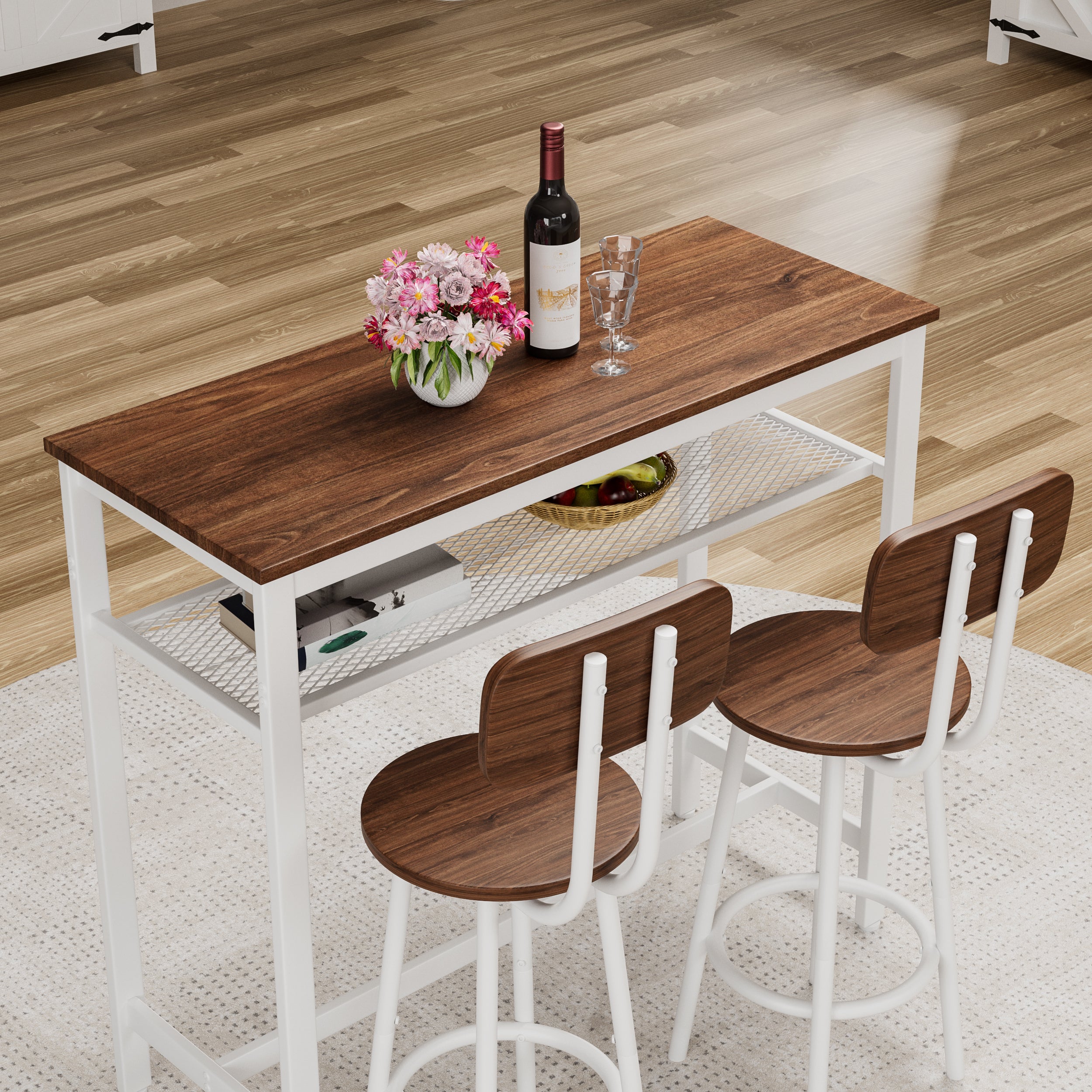 3 Piece Bar Table Set, Bar Table and Chairs Set of 2 with Metal Frame and Storage Rack , Modern Counter Height Table with 2 Stools for Kitchen, Dining Room, Living Room Breakfast Table Wood Top
