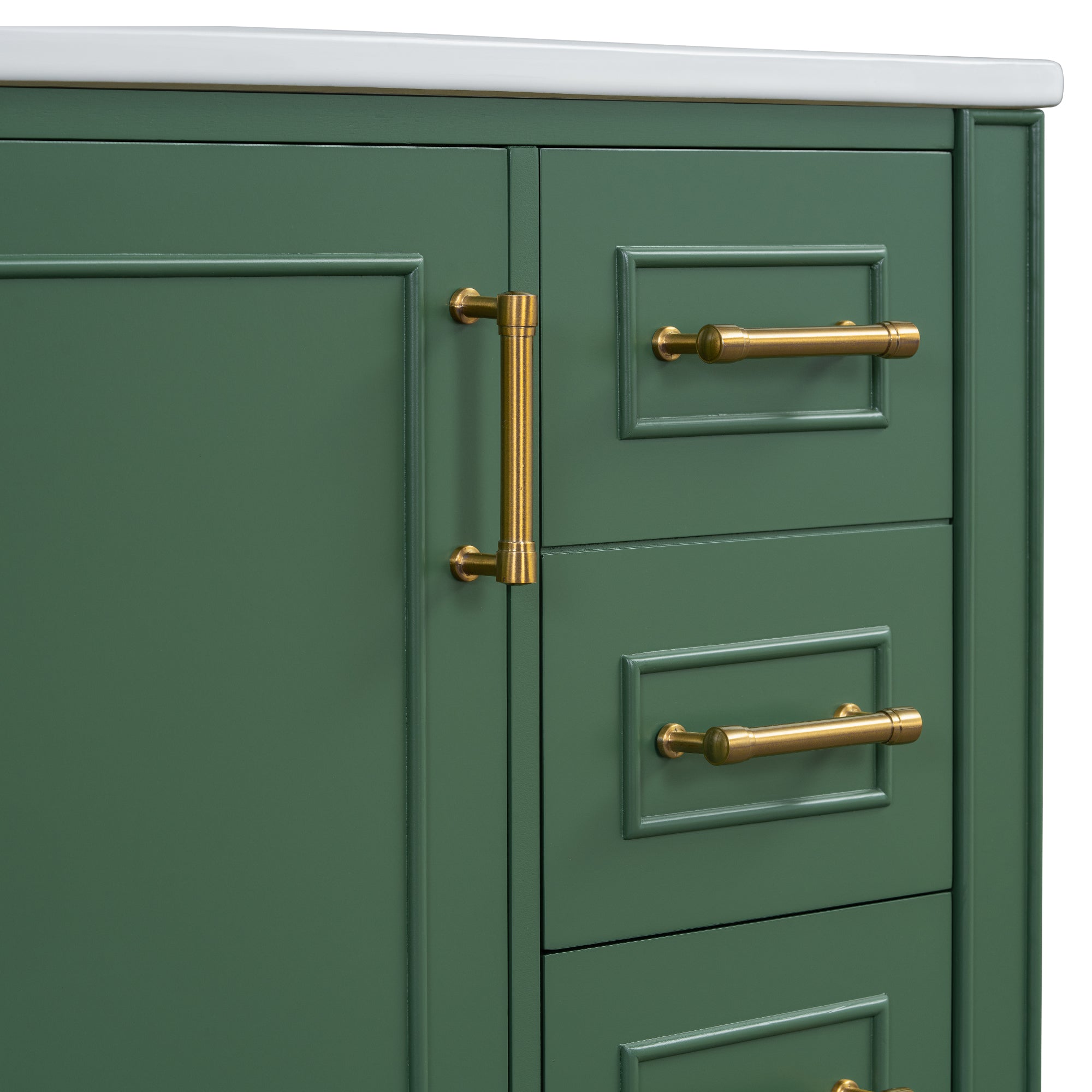 Traditional 30" Green Bathroom Vanity Set, Floor Standing, with Three Drawers, Soft Close Doors, with Long Gold Metal Handles - Perfect for Small Bathrooms