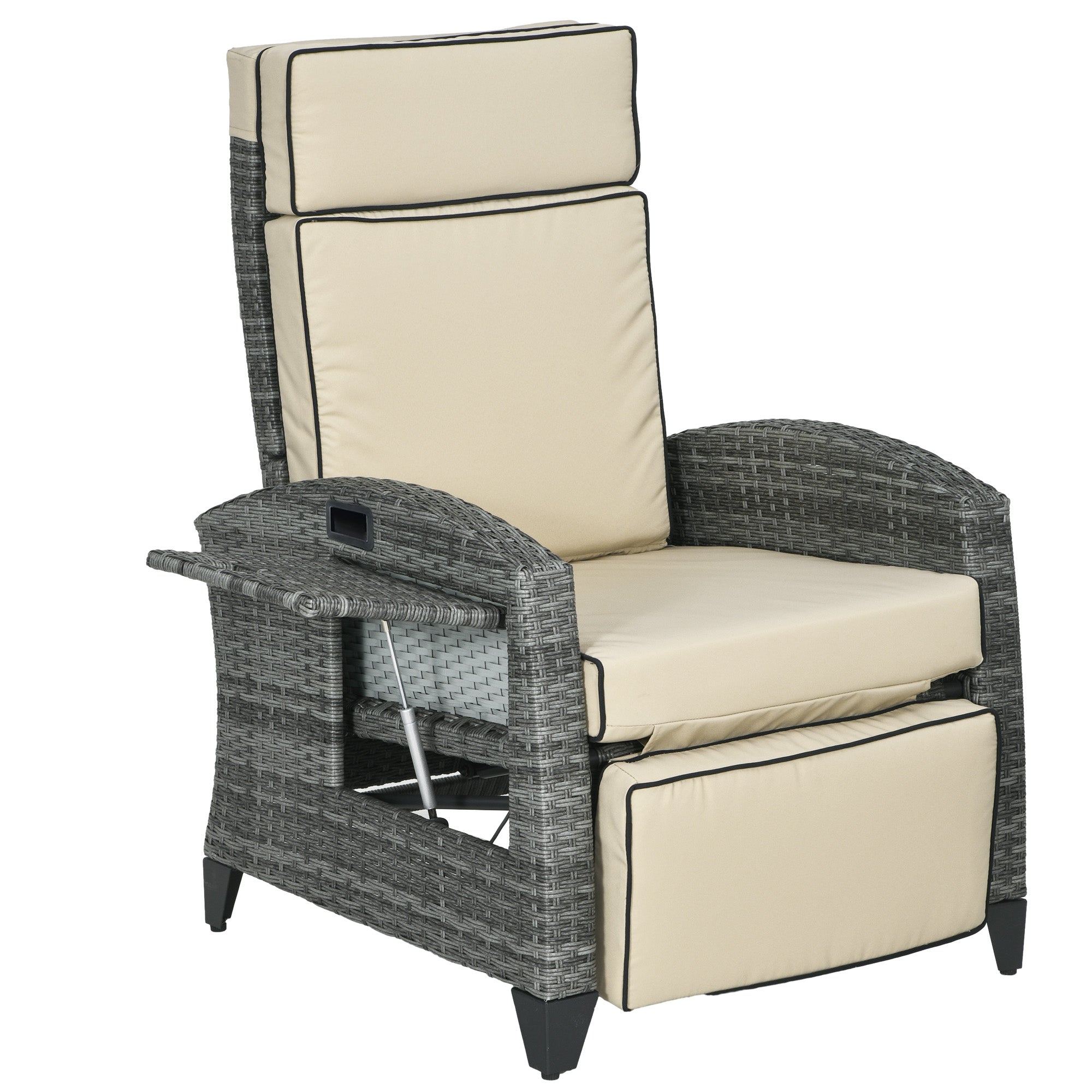 Outsunny Outdoor Recliner Chair with Cushions, Reclining Patio Lounge Chair with Adjustable Footrest, Armrests, Tray Table, Khaki