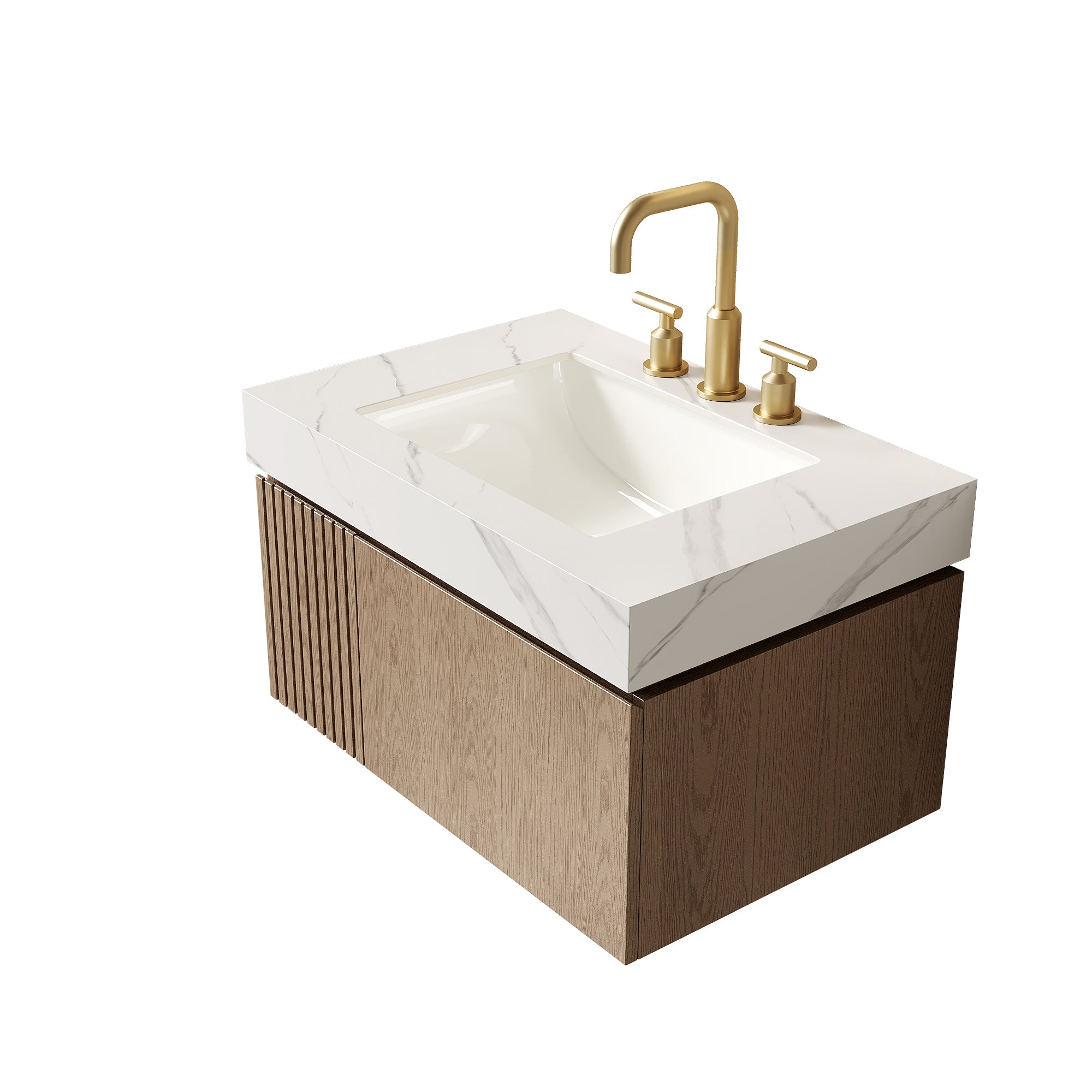 MURI 30" Bathroom Vanity&Sink, Floating Plywood Storage Cabinet with Drawer&Door, Carrara White Sintered Stone Top&Ceramic Basin with 3 Pre-drilled Faucet Holes, Pre-assembled, Heidelberg Woodgrain