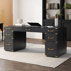 70" Extra-Large Classic and Traditional Executive Desk with Metal Edge Trim ,Writing Desk with 2 file drawers,USB Ports and Outlets,Desk with Hidden Compartment for Living Room,Home Office,Study Room,