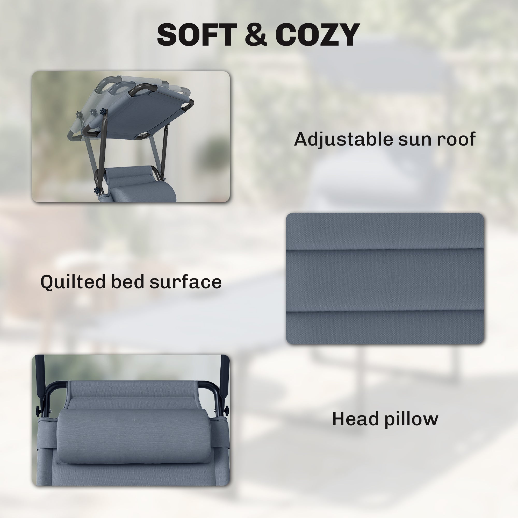 Outsunny Outdoor Lounge Chair, 4 Position Adjustable Backrest, Folding, Cushioned w/ Sun Shade Roof & Pillow, Gray