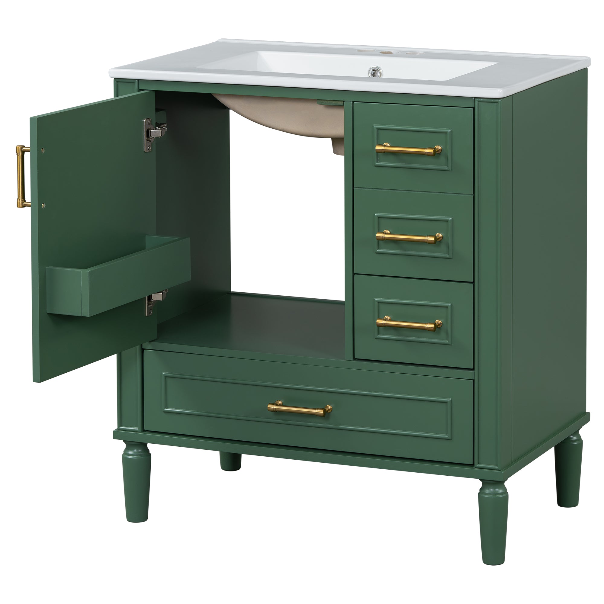 Traditional 30" Green Bathroom Vanity Set, Floor Standing, with Three Drawers, Soft Close Doors, with Long Gold Metal Handles - Perfect for Small Bathrooms