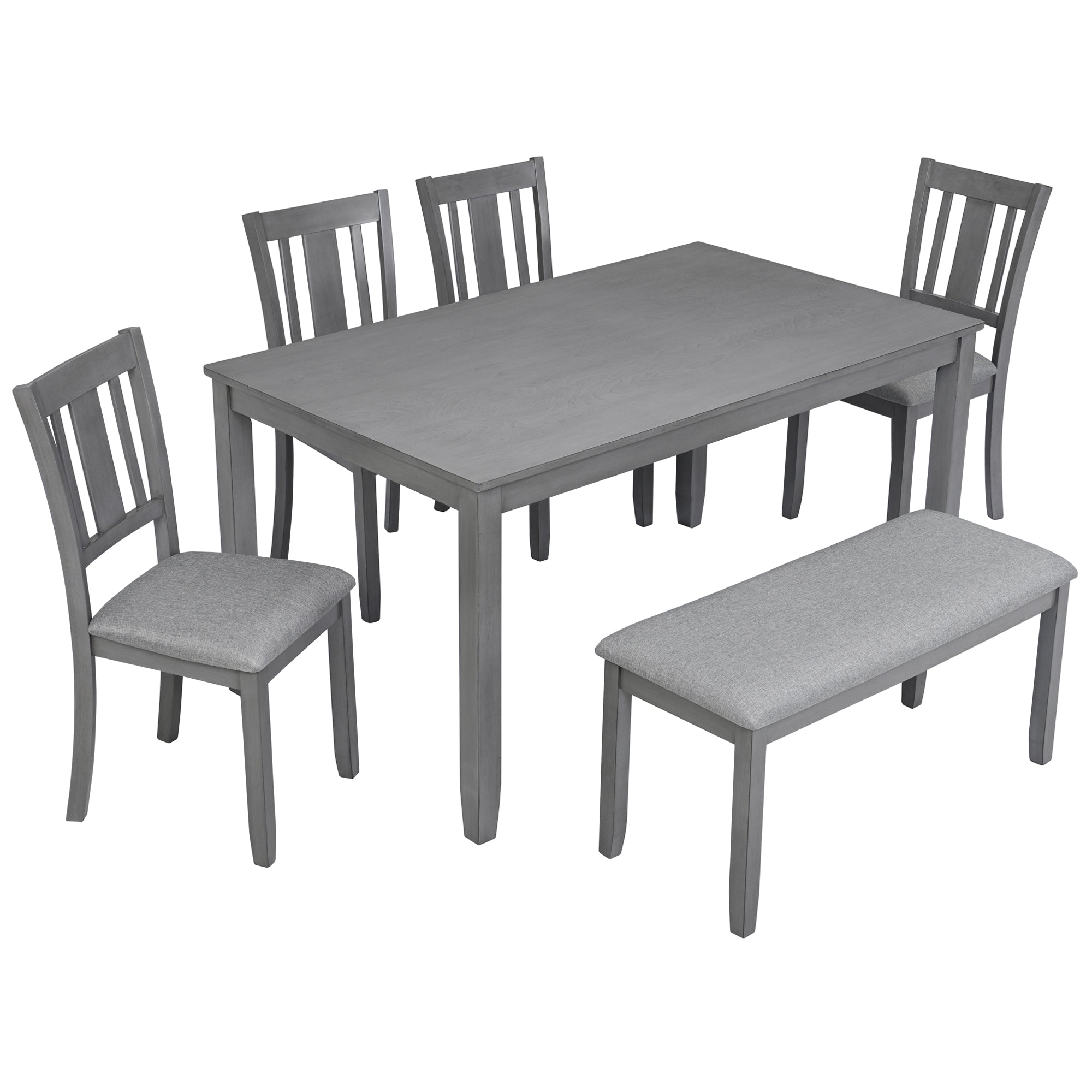 6-Piece Kitchen Dining Set (Table + 4 Upholstered Chairs + Bench, Gray)