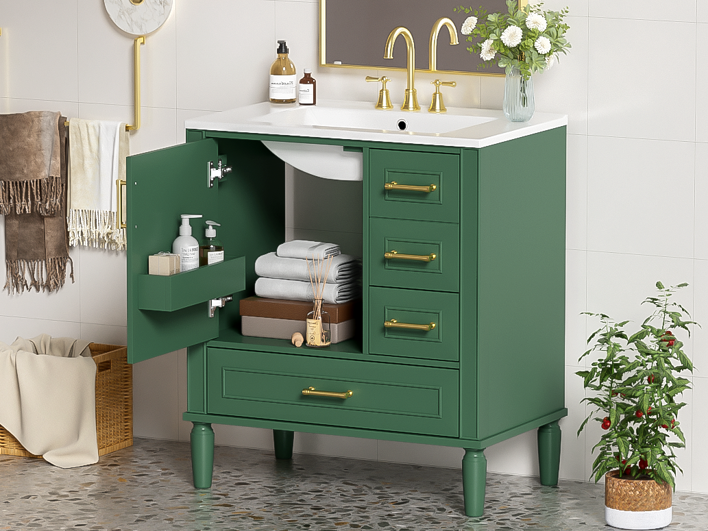 Traditional 30" Green Bathroom Vanity Set, Floor Standing, with Three Drawers, Soft Close Doors, with Long Gold Metal Handles - Perfect for Small Bathrooms