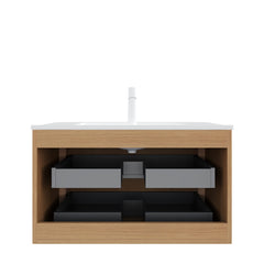 NOOR 36" Bathroom Vanity with Sink, Wall-Mounted Floating Plywood  Bathroom Storage Cabinet with 2 Drawers, White Ceramic Basin, NO Faucet, Pre-assembled, Natural Woodgrain Color