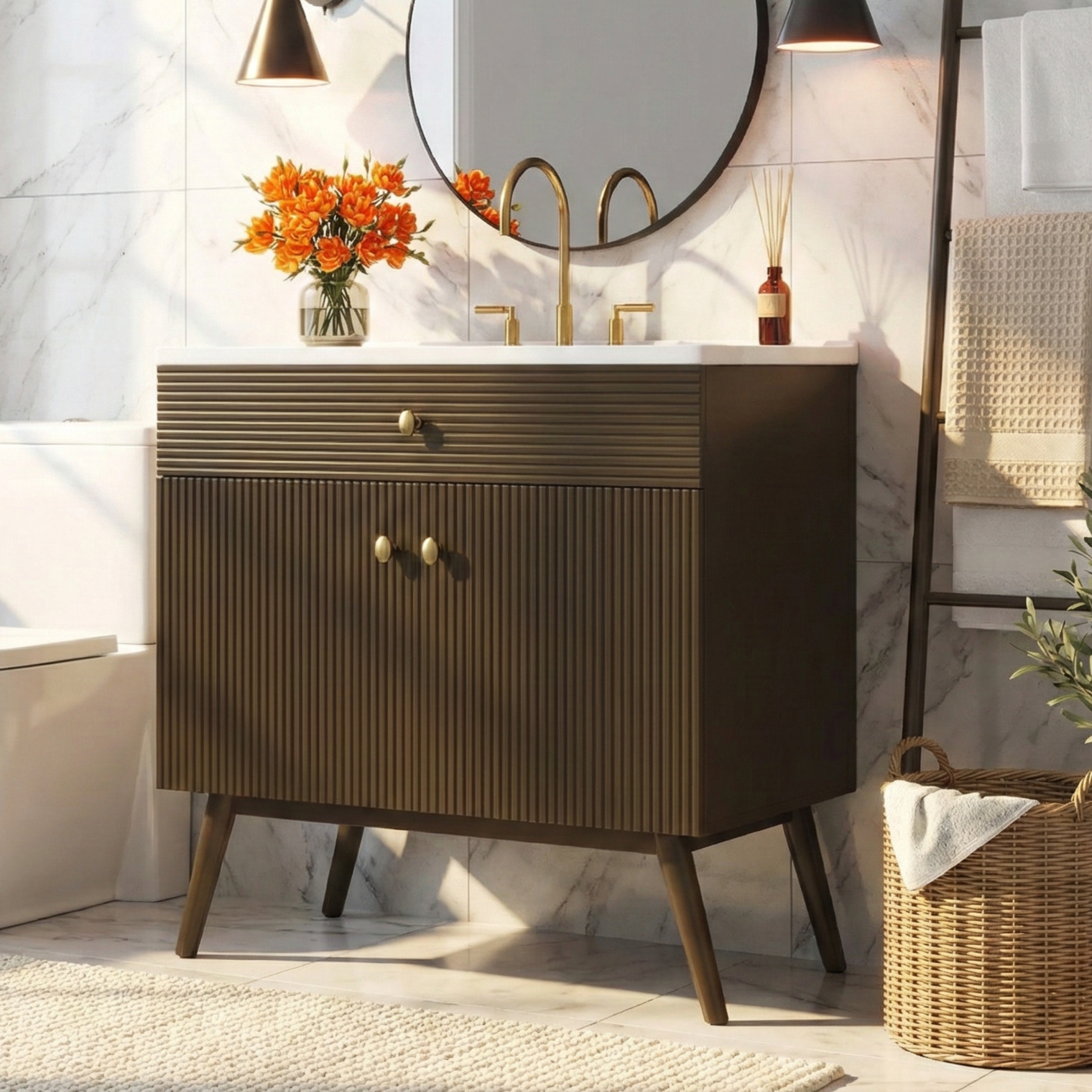 36" Luxury Striped Dark Brown Vanity: Soft-Close Dual-Door Storage & Premium Ceramic Sink