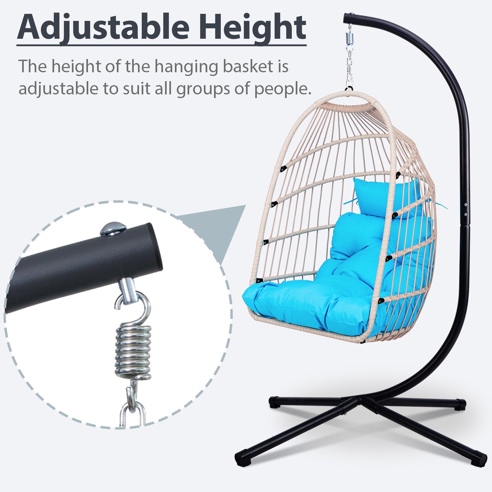 Foldable Hanging Egg Chair with Stand and Pillow, HDPE Rattan and Heavy Duty Aluminum-Steel Frame, Outdoor Patio Wicker Swing Egg Chair with Headrest and Cushioned, 350 Lbs Capacity (Blue)