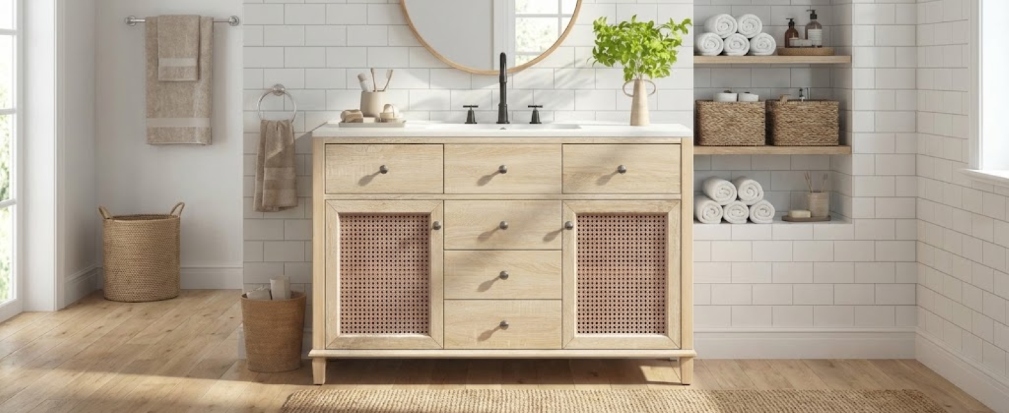 48-Inch Natural Rattan Bathroom Vanity: Solid Wood Frame, 5 Drawers, 2 Rattan Cabinet Doors & Premium Ceramic Sink