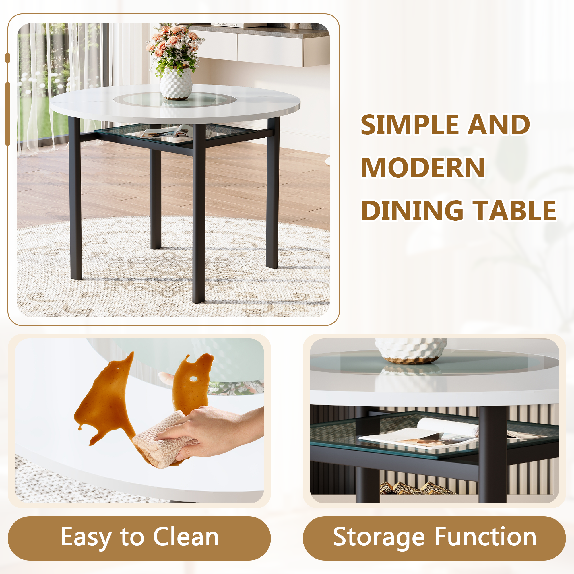 Table and chair set.42 inch modern minimalist white desktop round dining table set.Paired with 6 Black Artificial PU Chairs With Curved Widened Cushion Design. Suitable for dining rooms,office,etc.