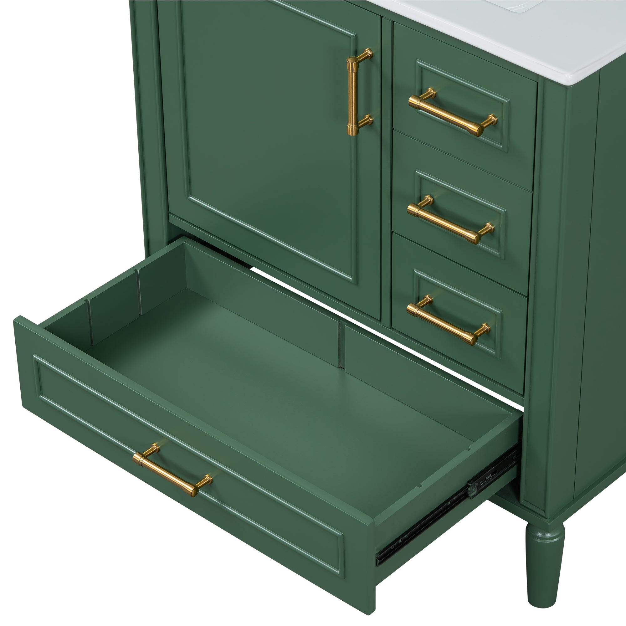 Traditional 30" Green Bathroom Vanity Set, Floor Standing, with Three Drawers, Soft Close Doors, with Long Gold Metal Handles - Perfect for Small Bathrooms