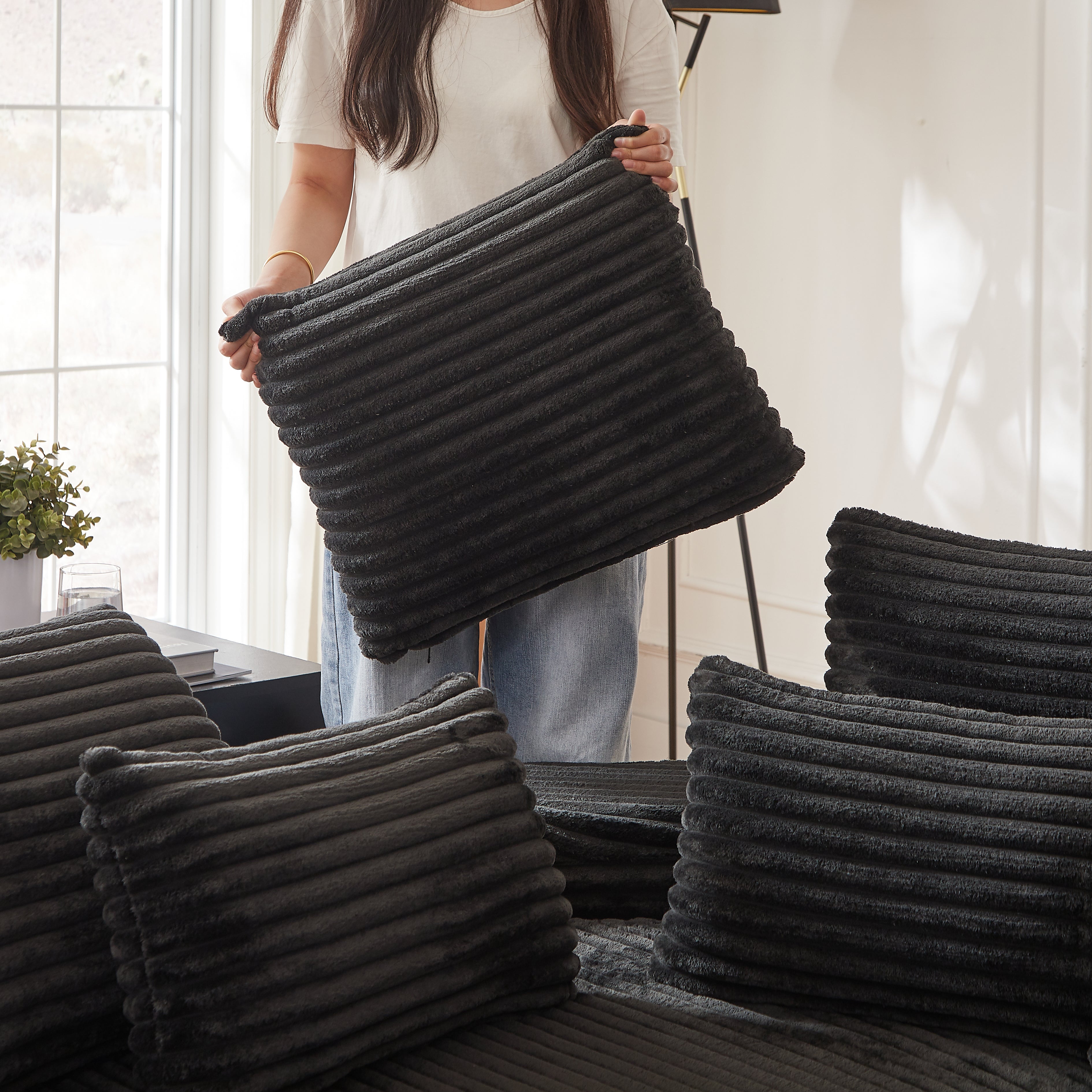 78.5-Inch Corduroy Semi-Circular 2-in-1 Sofa Bed, Designer Recliner with Neck Pillow and Five Throw Pillows in Living Room