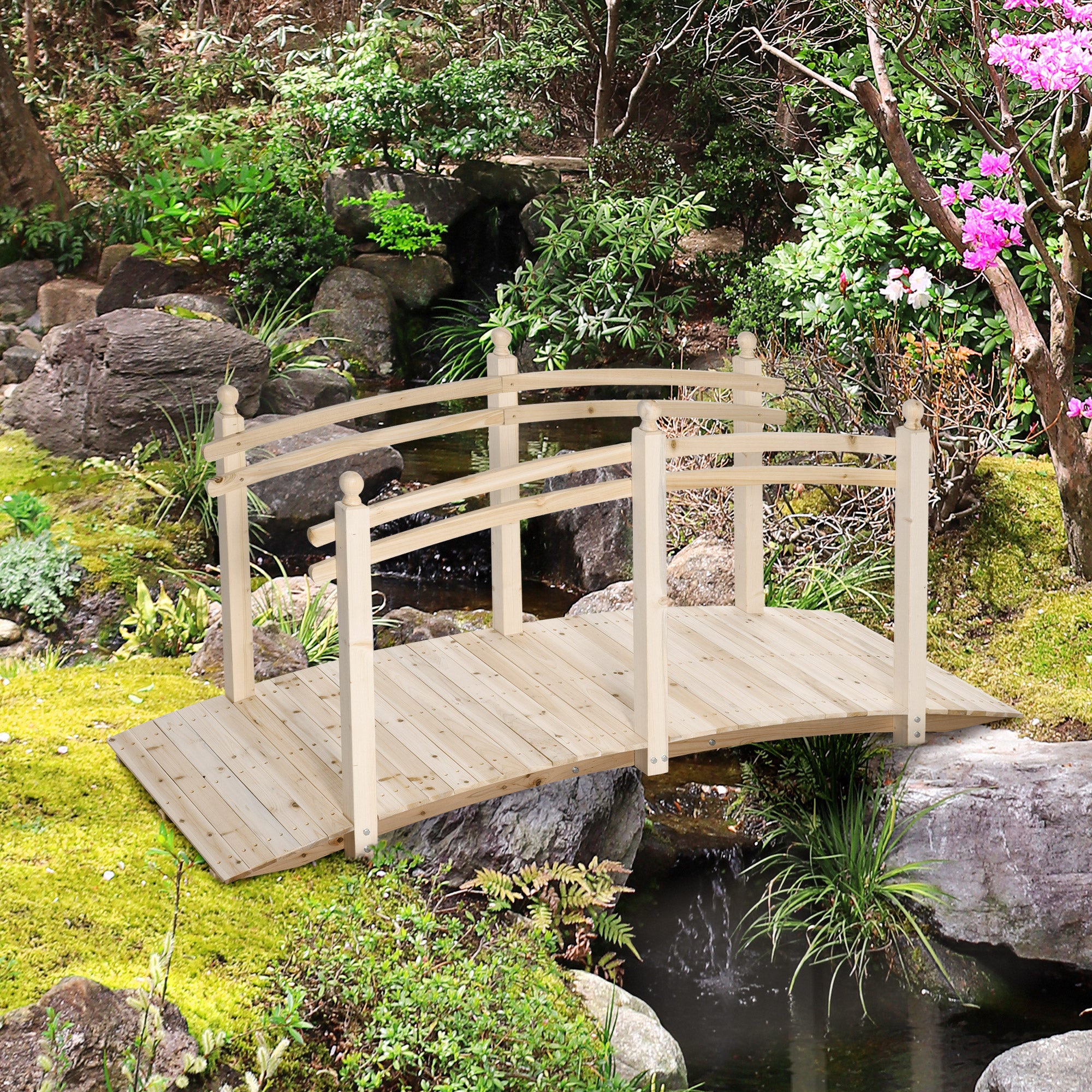 Outsunny Wooden Arch Garden Bridge, Safety Rails for Backyard Ponds, Creeks, Streams, 7.5' , Natural