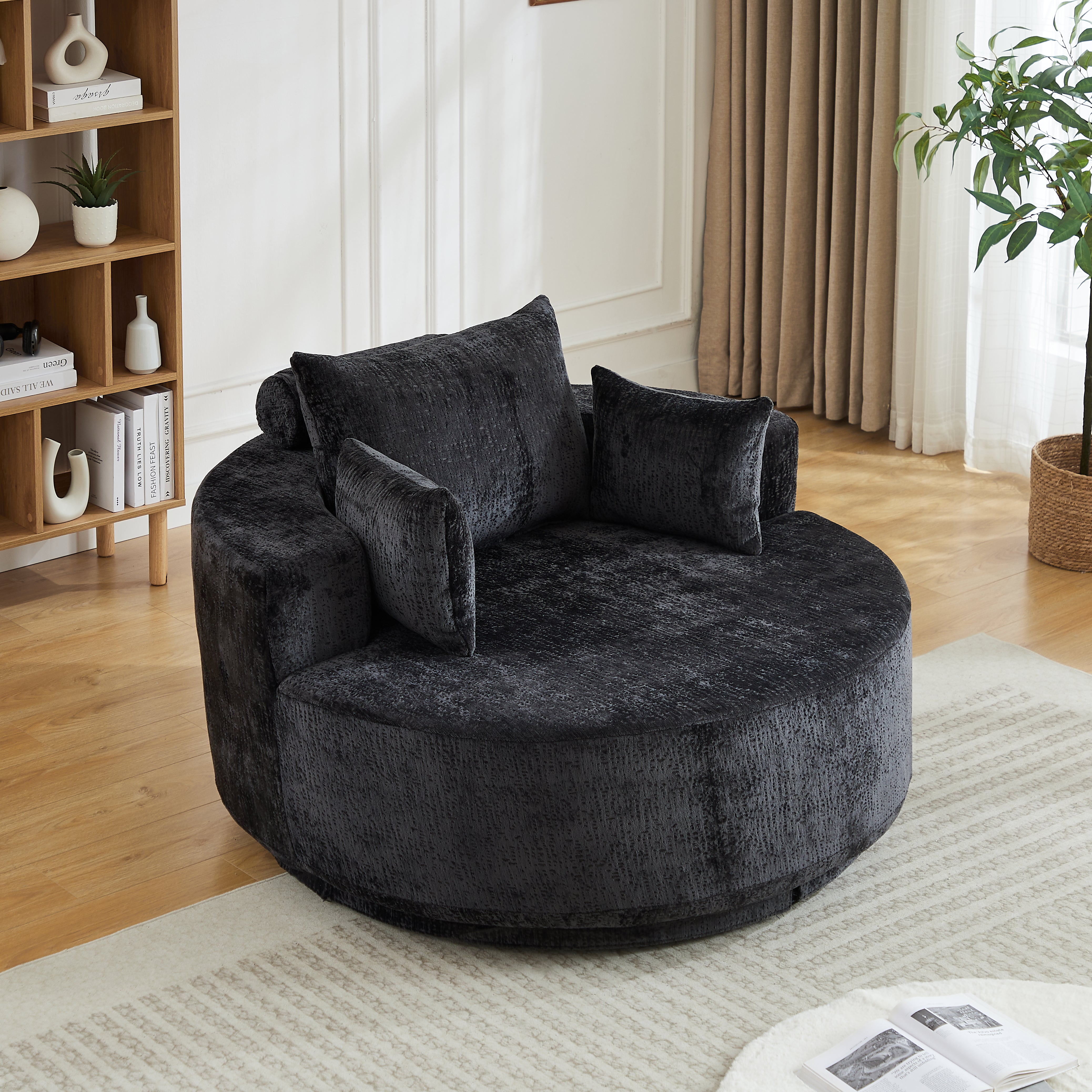 55''L Chenille Foam Single Swivel Chair, Fluffy Modern Sleeper, 360 Degree Swivel Chair for Living Room, Bedroom, Lounge and Projection Room