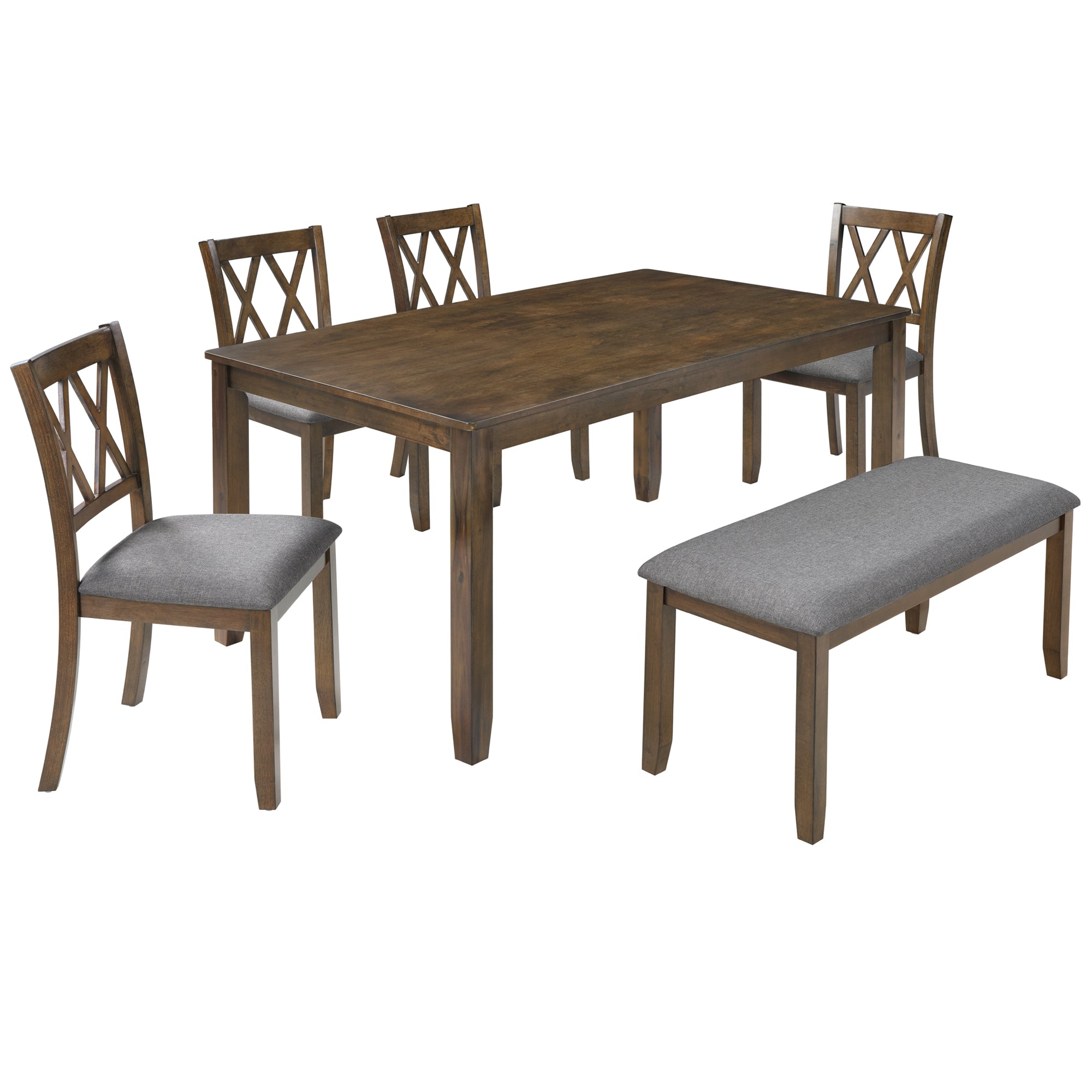 Elegant 6-Piece Wooden Dining Table Set (Table + 4 Chairs + Bench, Walnut)