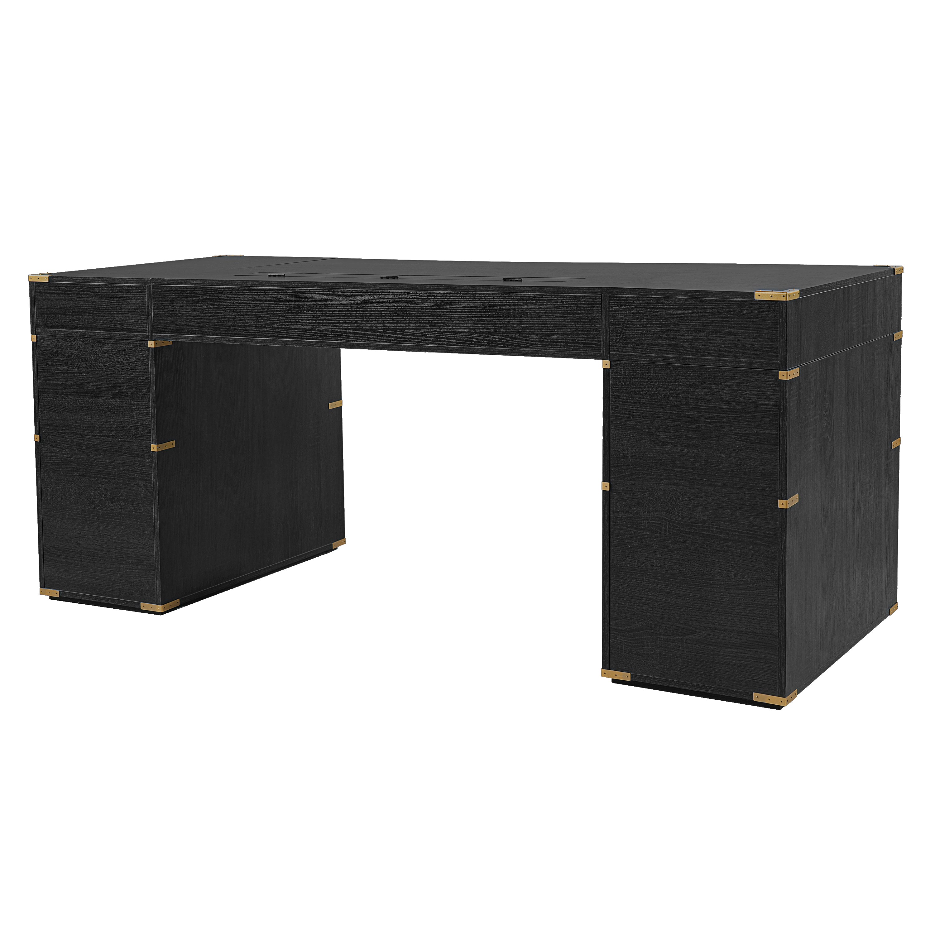 70" Extra-Large Classic and Traditional Executive Desk with Metal Edge Trim ,Writing Desk with 2 file drawers,USB Ports and Outlets,Desk with Hidden Compartment for Living Room,Home Office,Study Room,