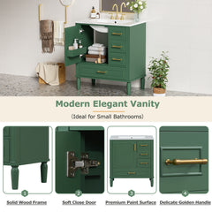 Traditional 30" Green Bathroom Vanity Set, Floor Standing, with Three Drawers, Soft Close Doors, with Long Gold Metal Handles - Perfect for Small Bathrooms