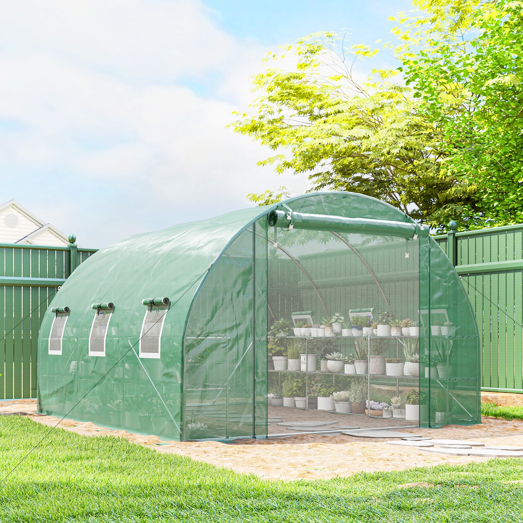 Outsunny 10'x11'x6' Walk-in Tunnel Greenhouse with Shelves, Mesh Door and Windows, Hoop House Greenhouse with PE Cover, Green