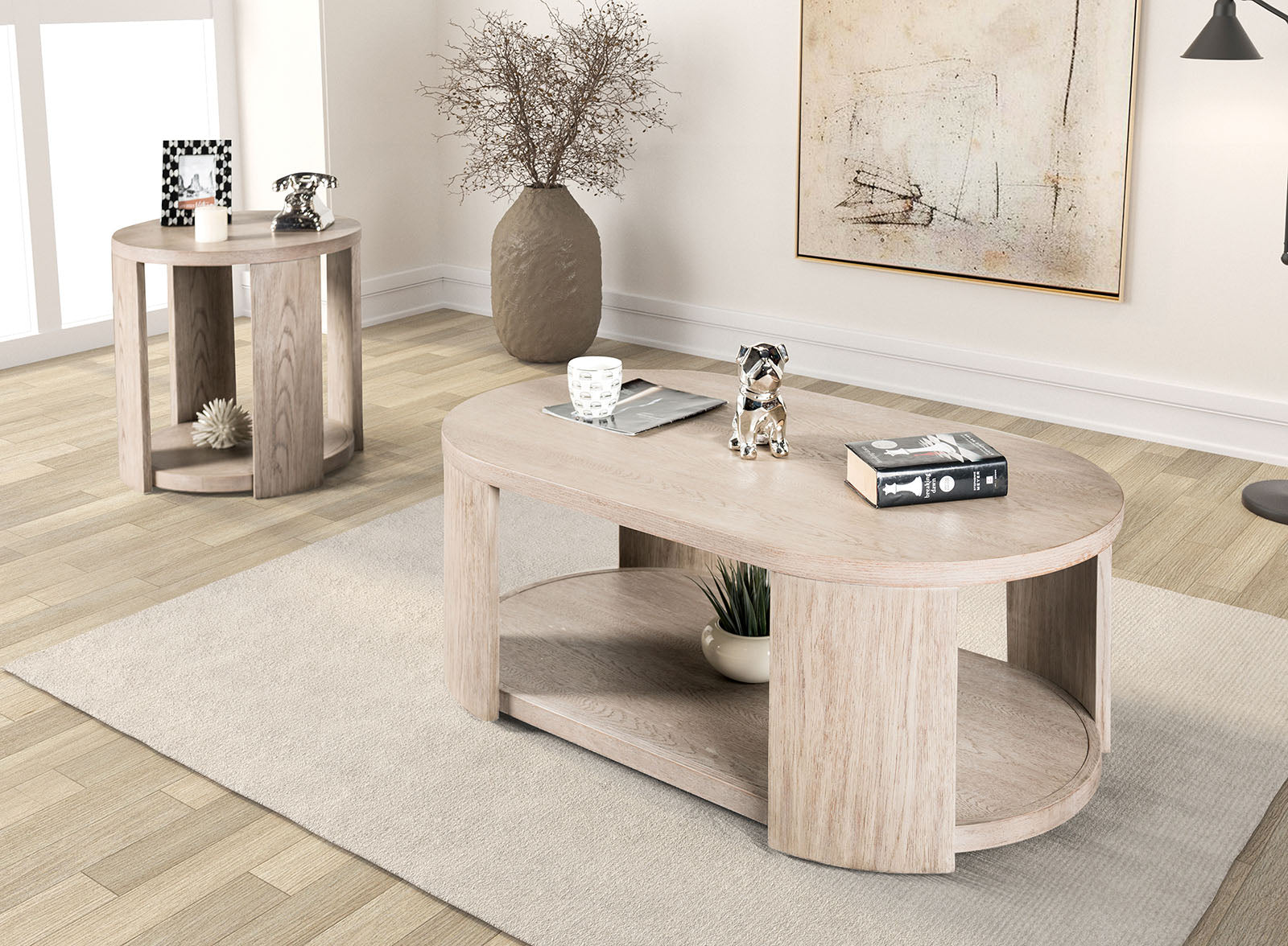Modern Style 1pc Round End Table Open Bottom Storage Oak Finish Primary Living Room