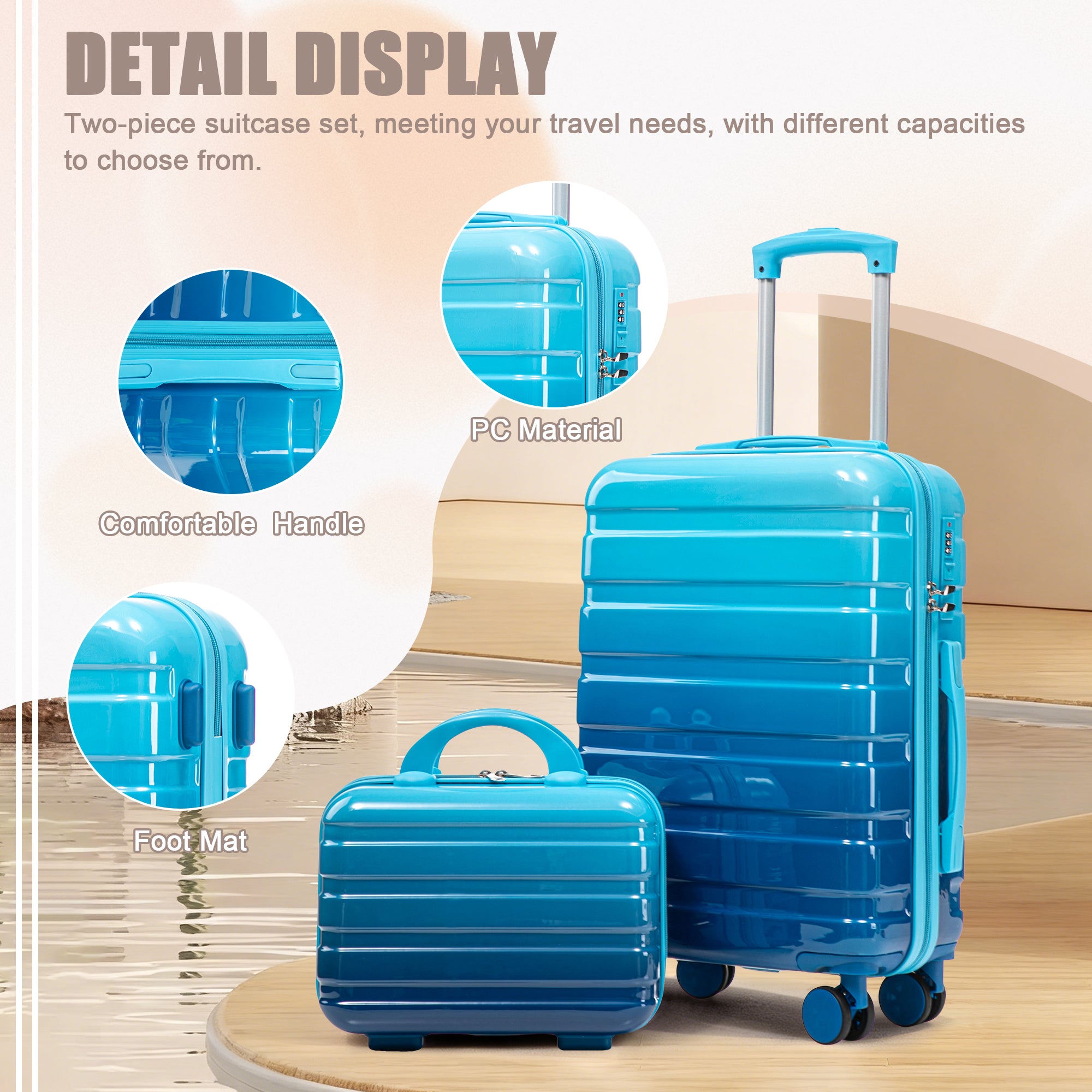 20" Carry-On Suitcase + 14" Cosmetic Case Set (PC Hard Shell, Gradient Navy/Light Blue)