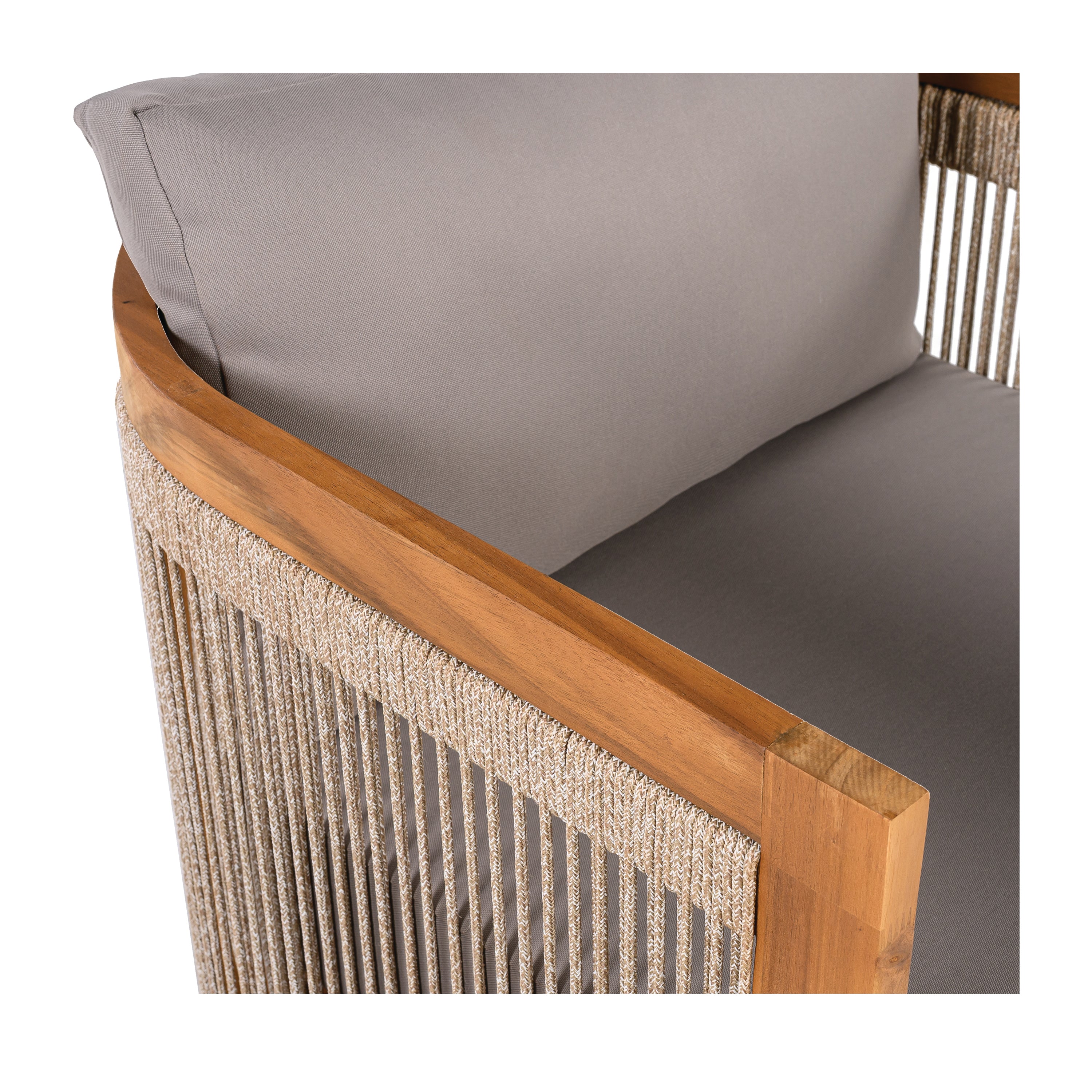 Premium Acacia Wood Outdoor Club Chair, Curved Tub Design with Woven Rope Accents, Water-Resistant Cushions, All-Weather Slat Construction