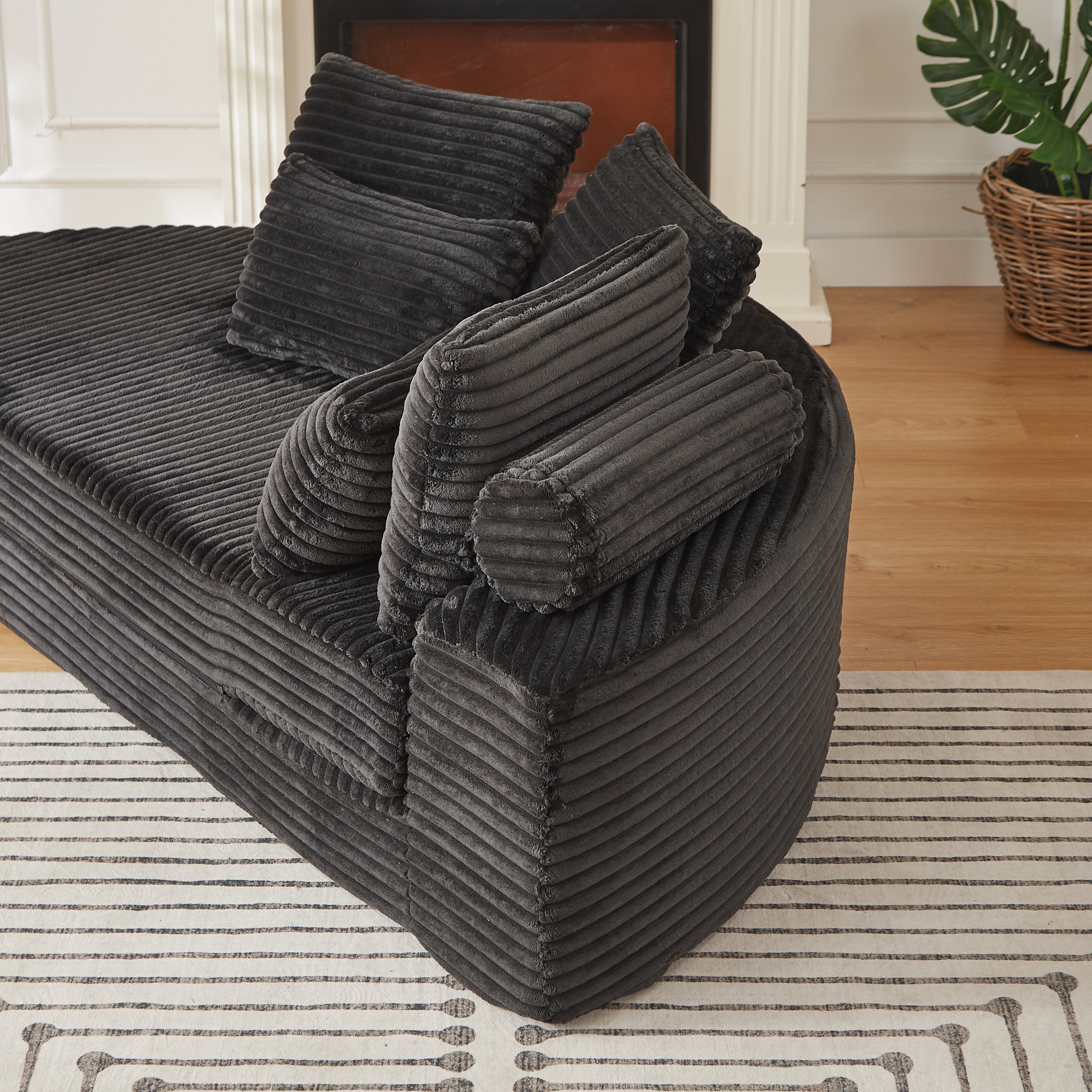 78.5-Inch Corduroy Semi-Circular 2-in-1 Sofa Bed, Designer Recliner with Neck Pillow and Five Throw Pillows in Living Room