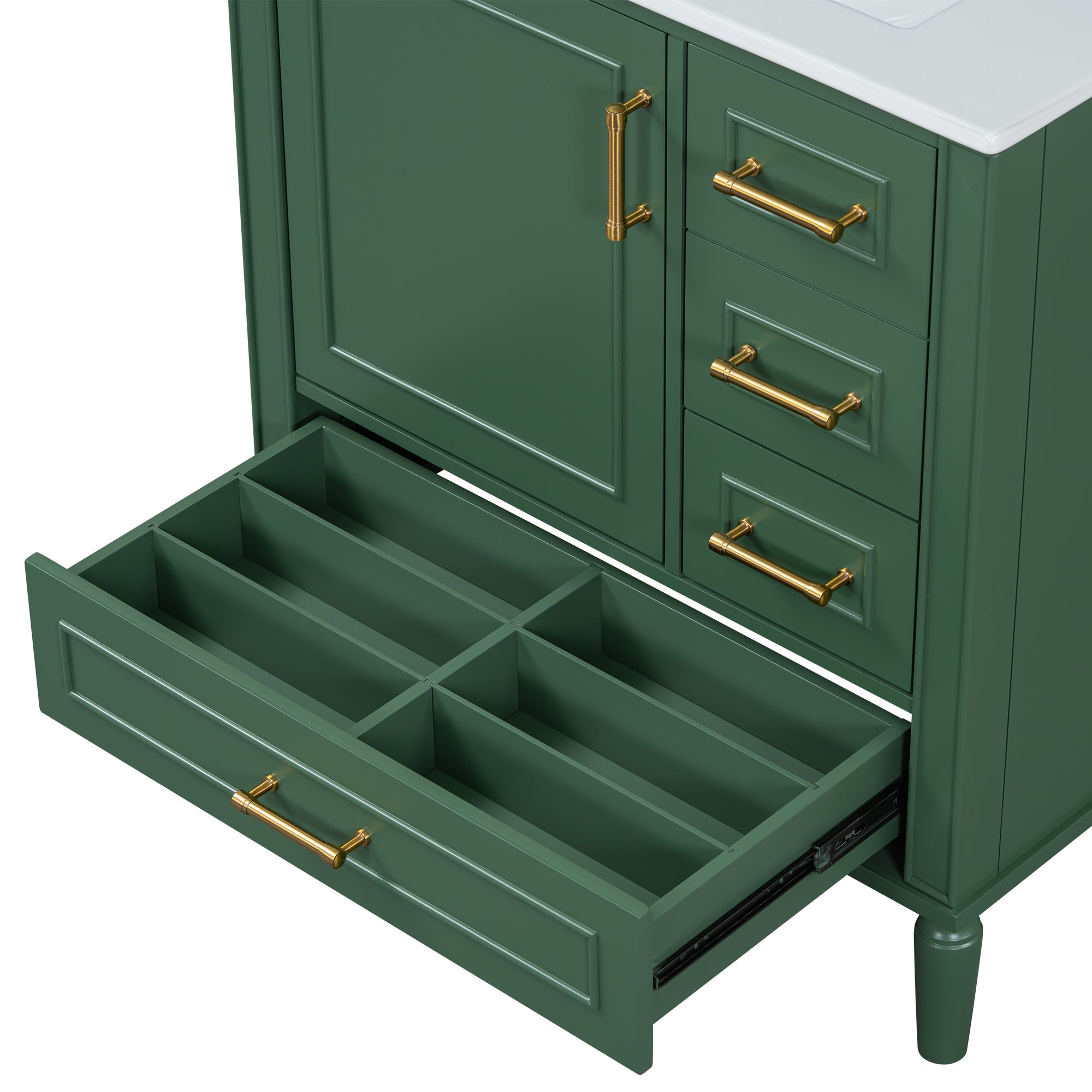 Traditional 30" Green Bathroom Vanity Set, Floor Standing, with Three Drawers, Soft Close Doors, with Long Gold Metal Handles - Perfect for Small Bathrooms