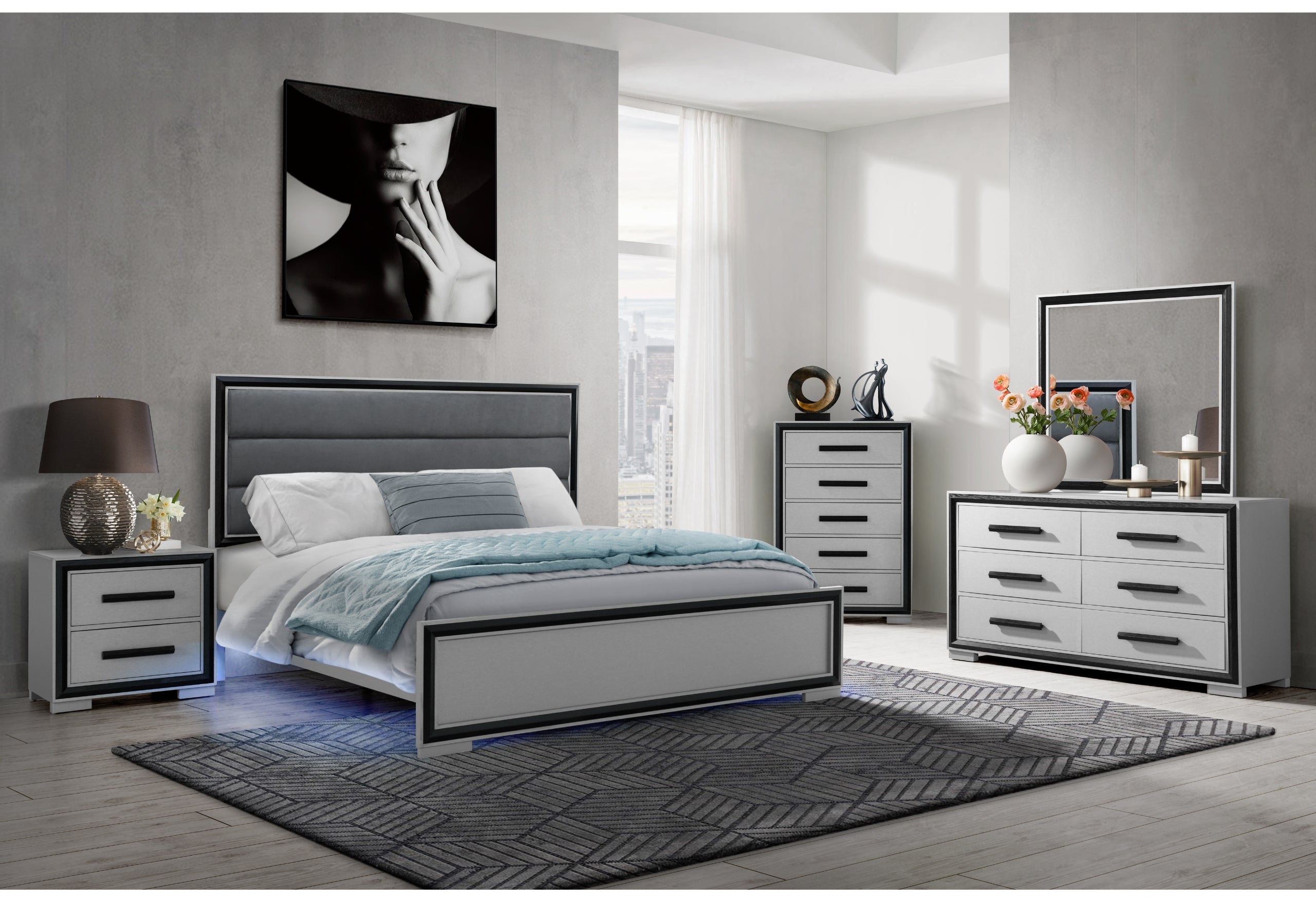 ADELAIDE GREY BLACK KING BED W/LED