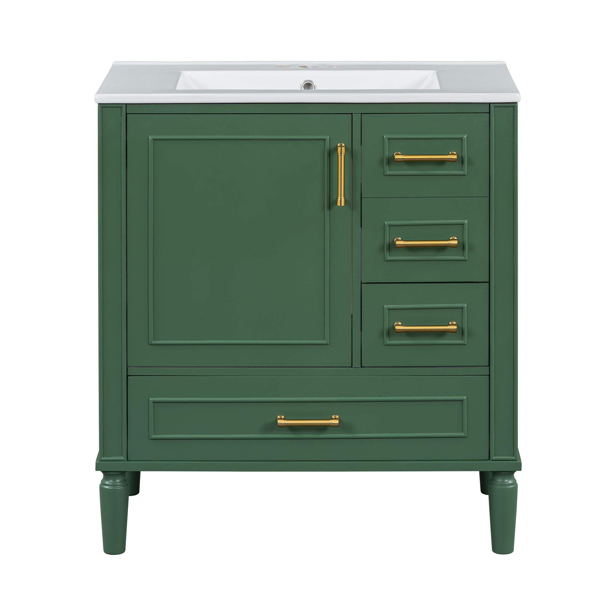 Traditional 30" Green Bathroom Vanity Set, Floor Standing, with Three Drawers, Soft Close Doors, with Long Gold Metal Handles - Perfect for Small Bathrooms