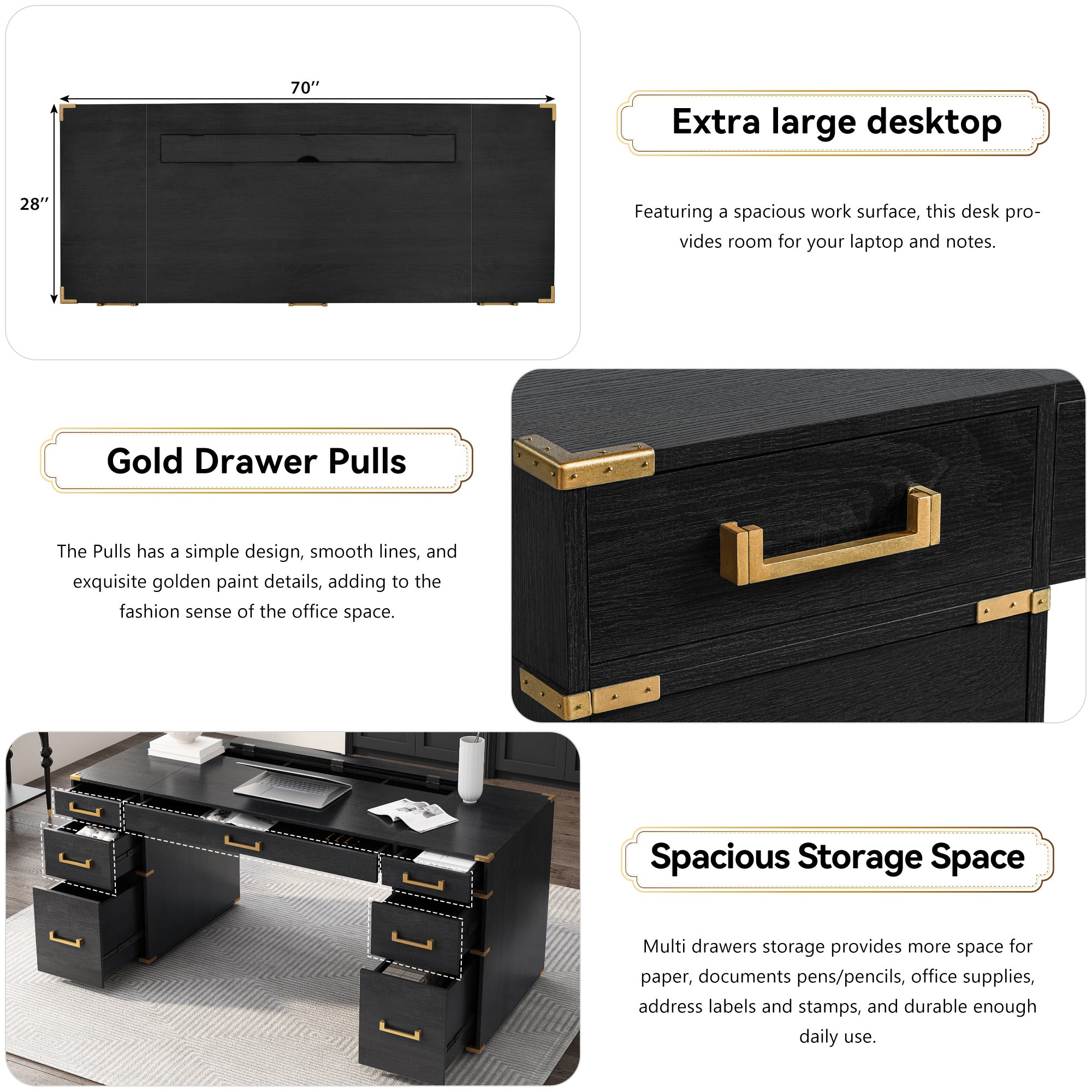 70" Extra-Large Classic and Traditional Executive Desk with Metal Edge Trim ,Writing Desk with 2 file drawers,USB Ports and Outlets,Desk with Hidden Compartment for Living Room,Home Office,Study Room,